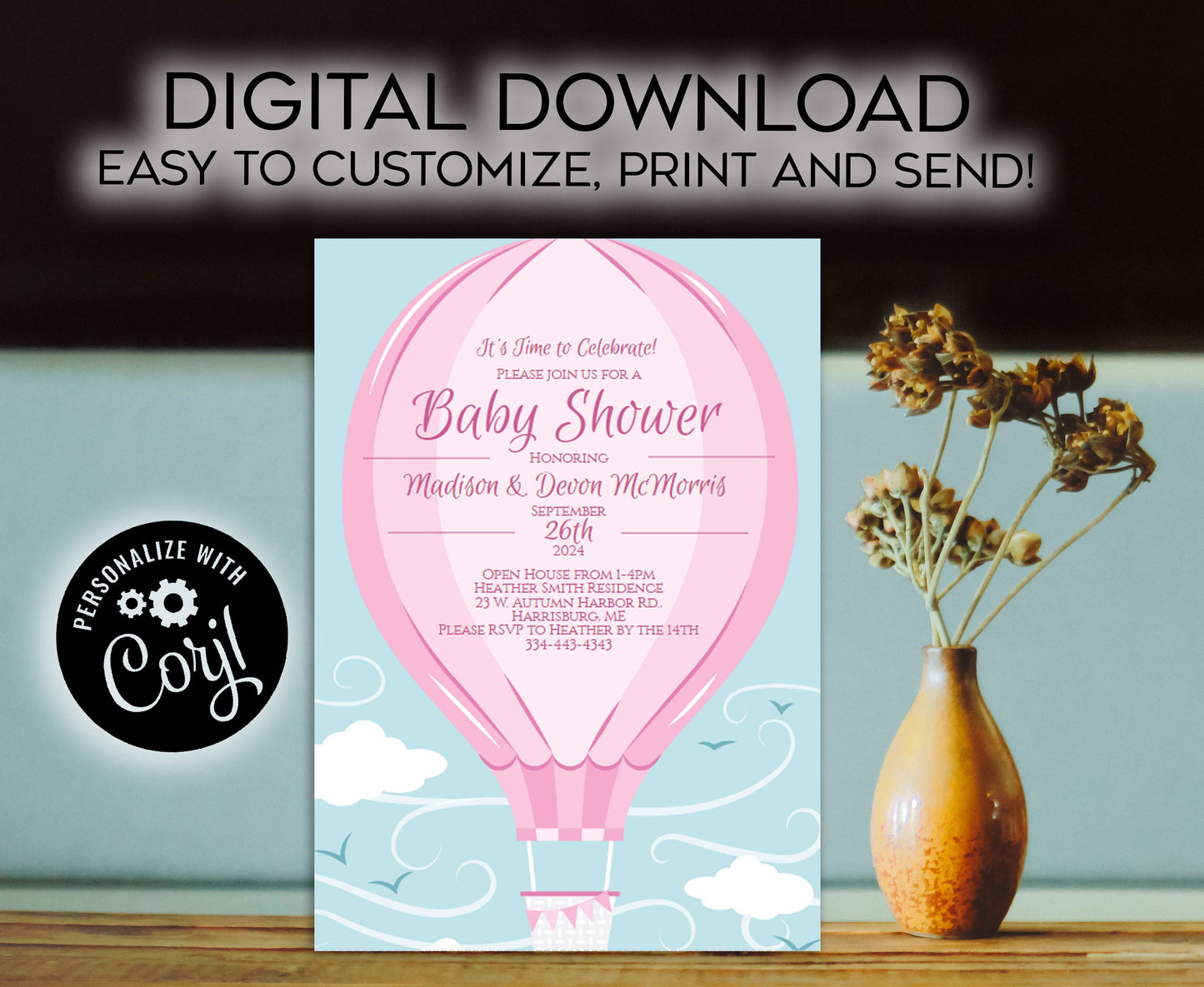 Pink Hot Air Balloon Baby Shower Invitation Editable Digital Elegant Girl Download
