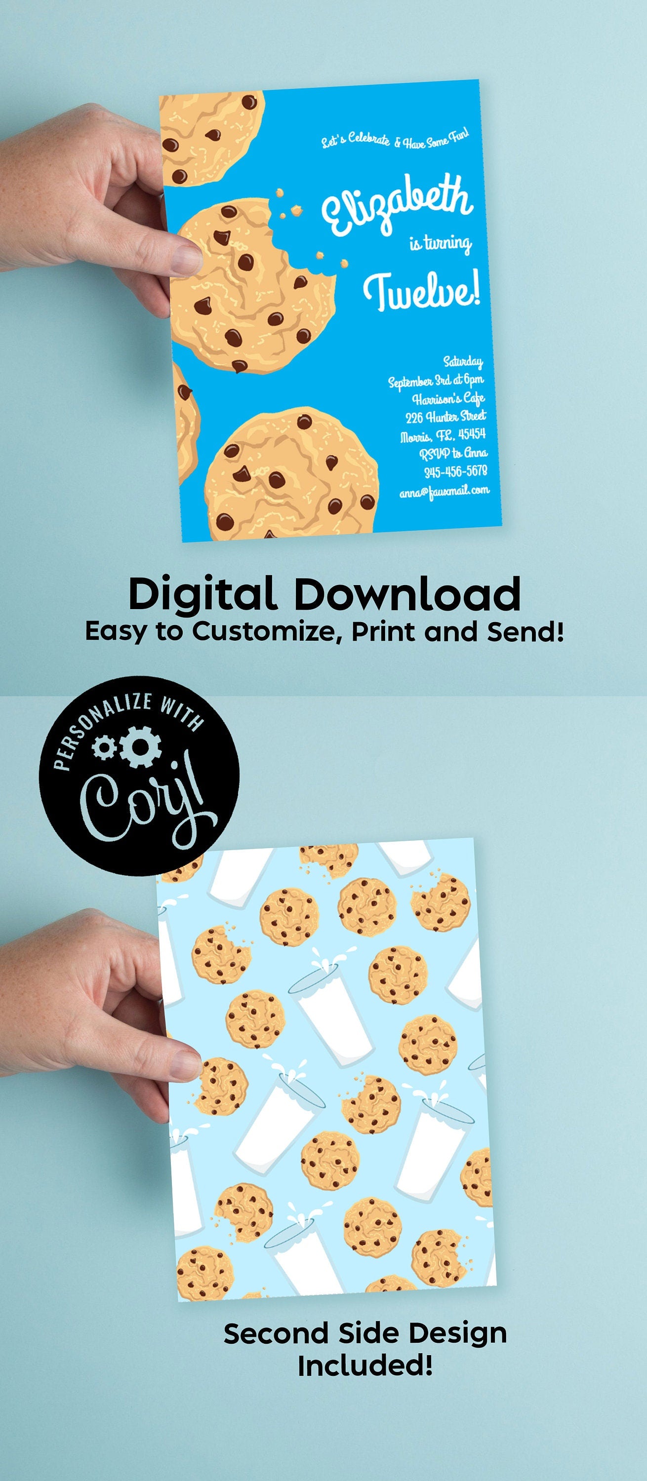 Chocolate Chip Cookie Birthday Party Invitation Editable Digital Download Cute Kids Sleepover