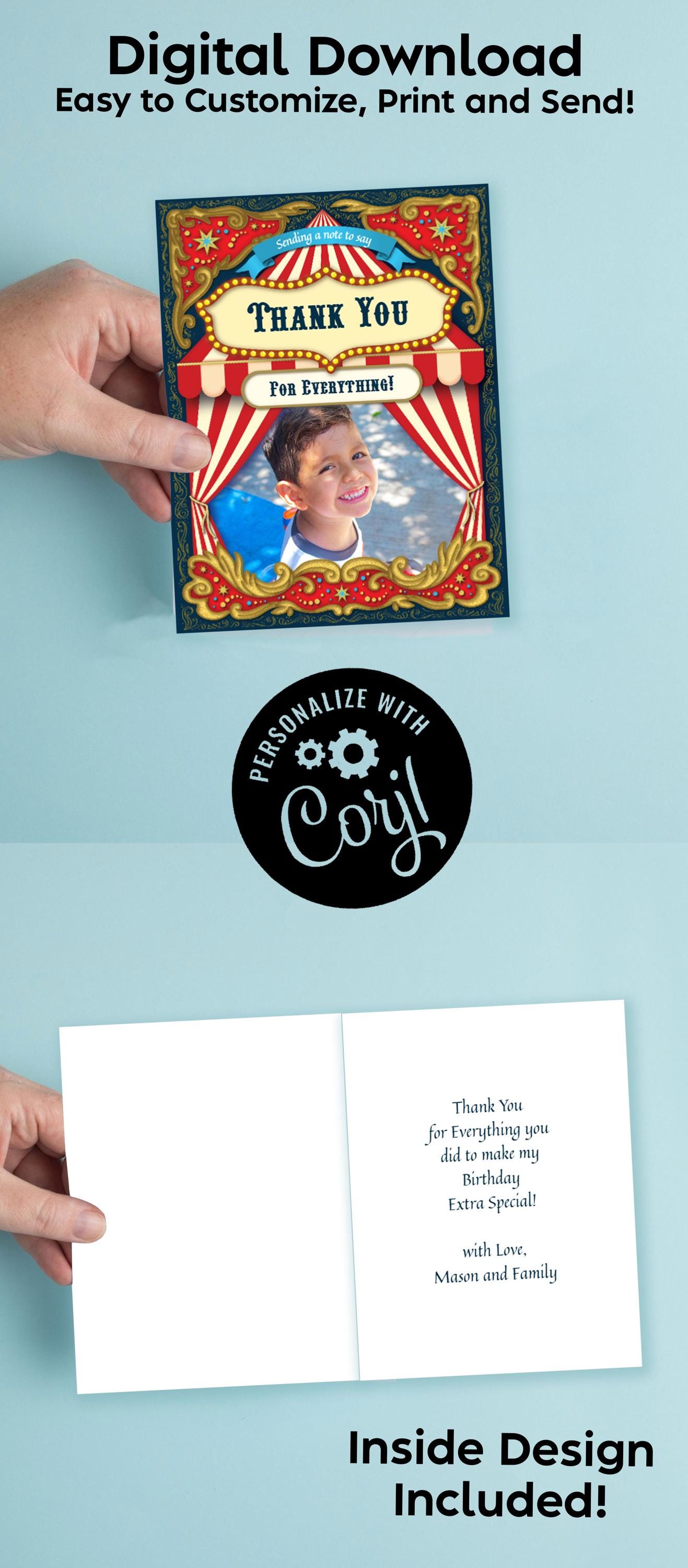 Circus Carnival Thank You Cards Photo Digital Download Cute Kids Birthday Party