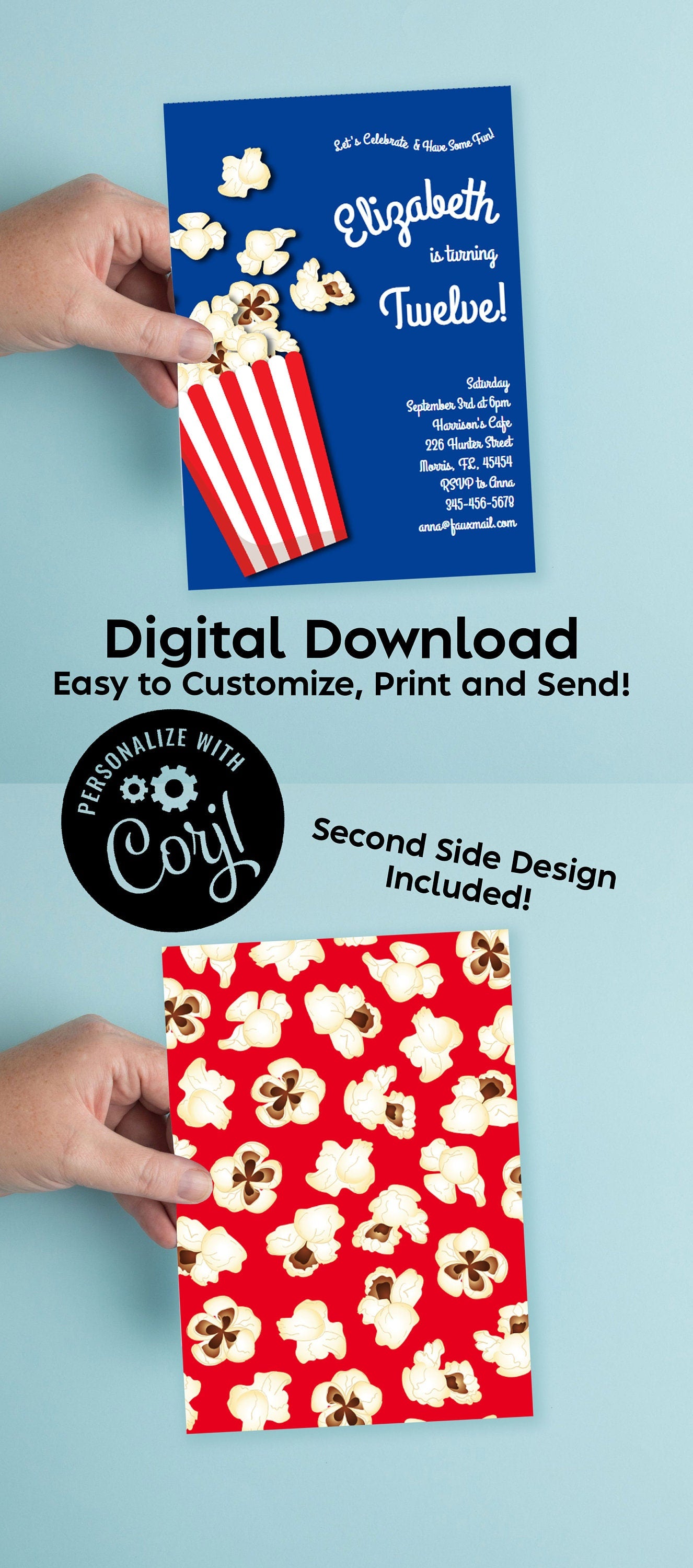 Popcorn Movie Theater Invitation Birthday Party Editable Digital Download Theatre Film