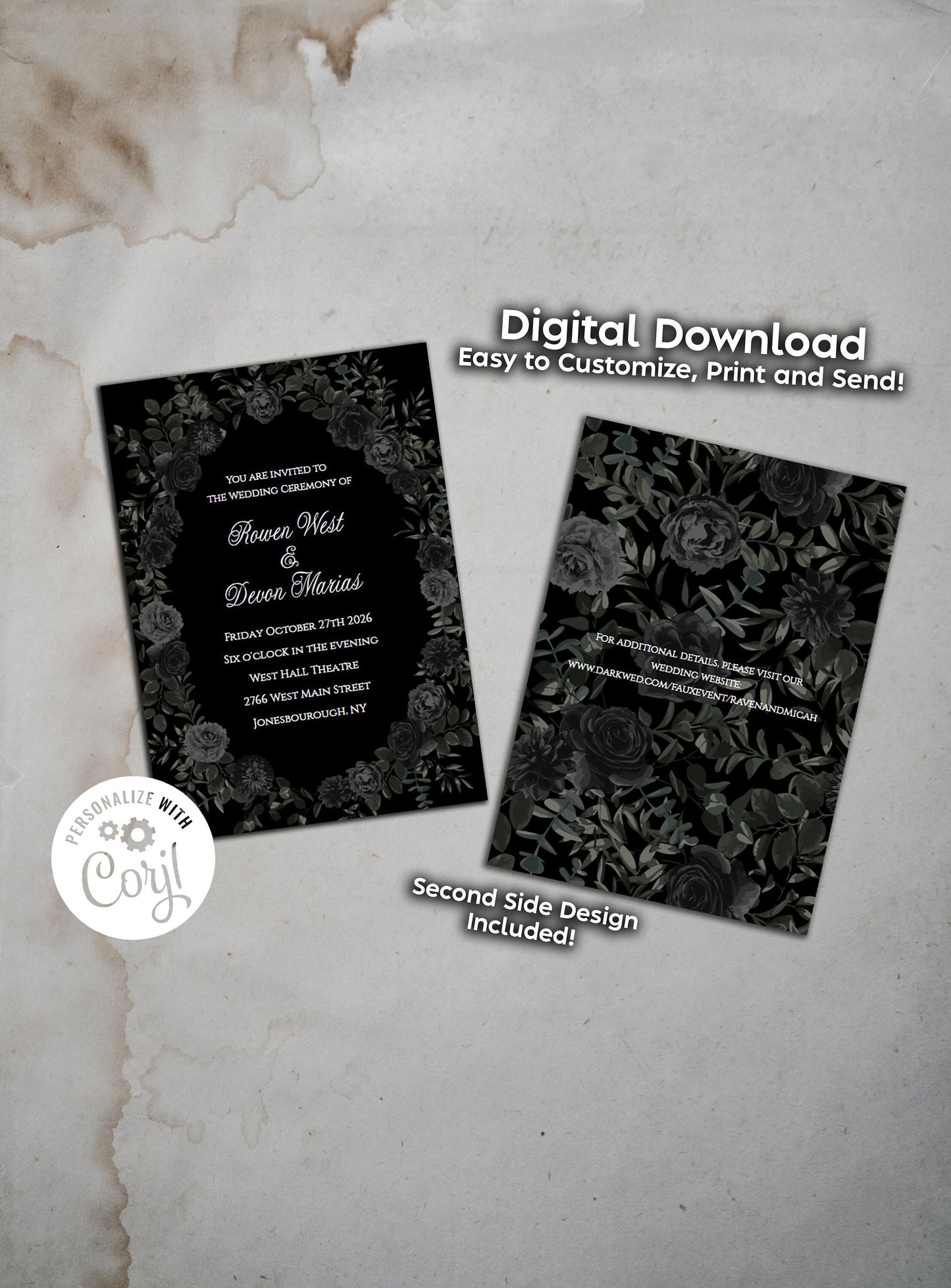 Black White Elegant Gothic Wedding Invitation Editable Digital Download Black Roses Party
