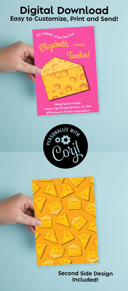 Cheese Birthday Party Invitation Editable Digital Download Cheddar Wedge Cute Kids Toddlers Pink