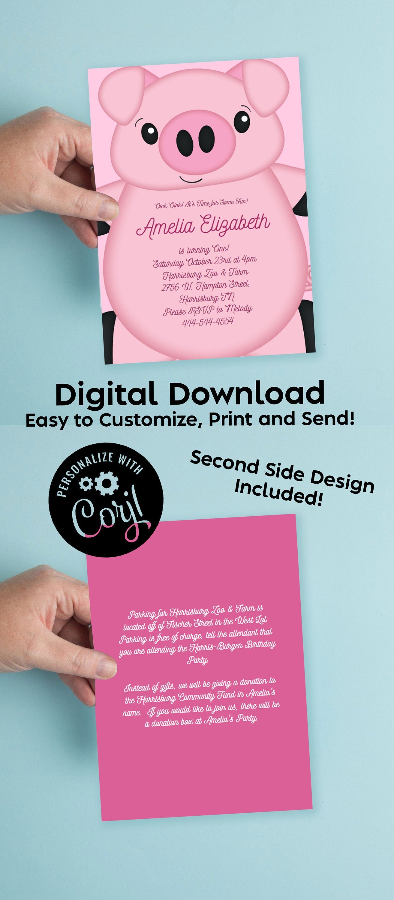 Pink Pig Birthday Party Invitation Editable Digital Download Cute Kids 1st Farm Toddler