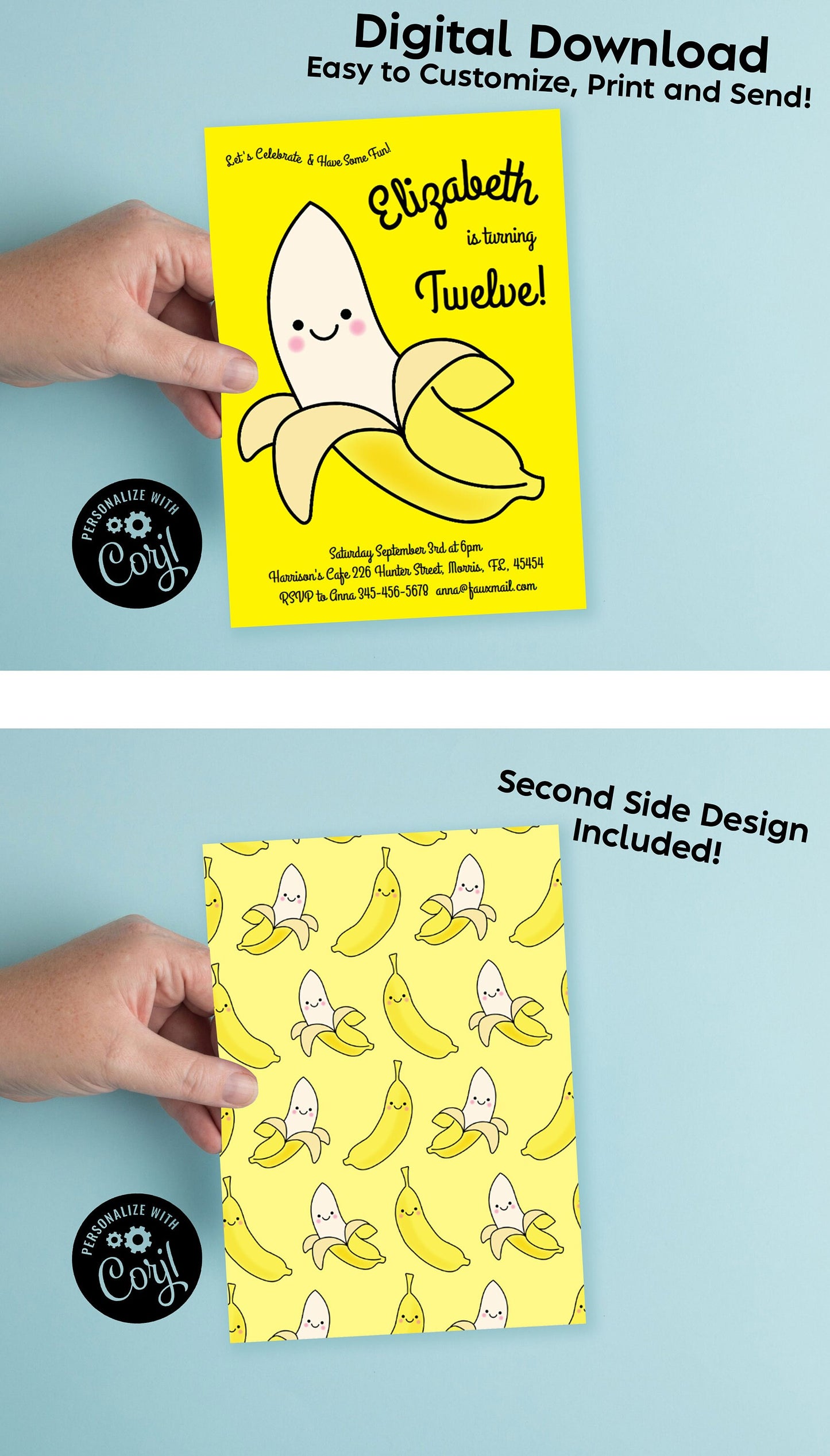 Banana Birthday Party Invitation Editable Digital Cute Kawaii Cartoon Kids Download