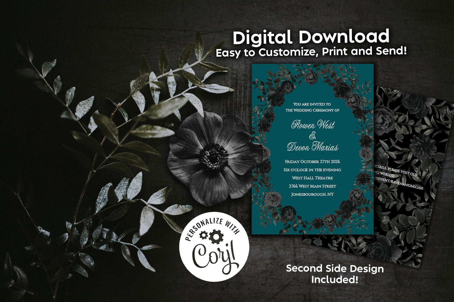Teal Black Elegant Gothic Wedding Invitation Editable Digital Download Roses Party