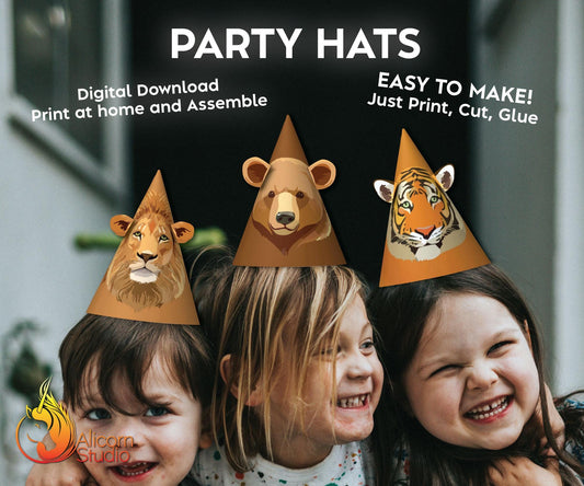 Animal Party Hats Digital File Print and Cut Printable Party Decor Birthday Carnival Circus