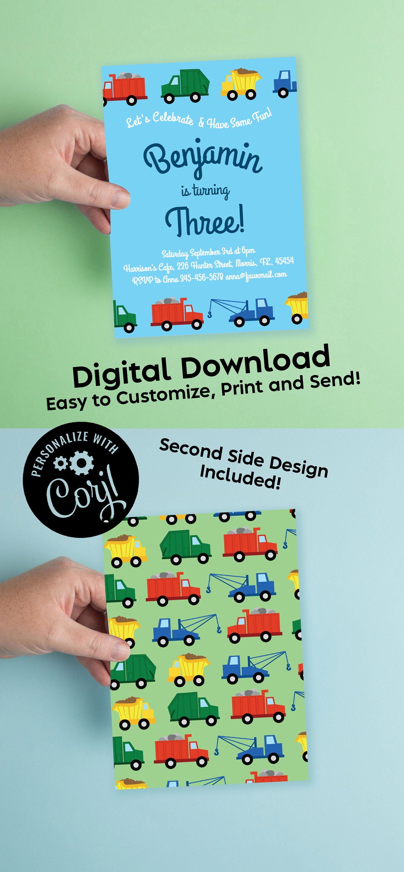 Trucks Birthday Party Invitation Editable Digital Download Toddler Boys