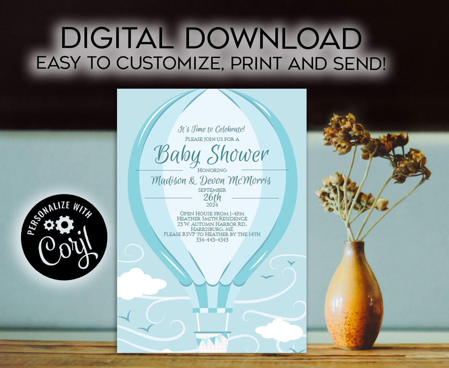 Blue Hot Air Balloon Baby Shower Invitation Editable Digital Elegant Boy Download