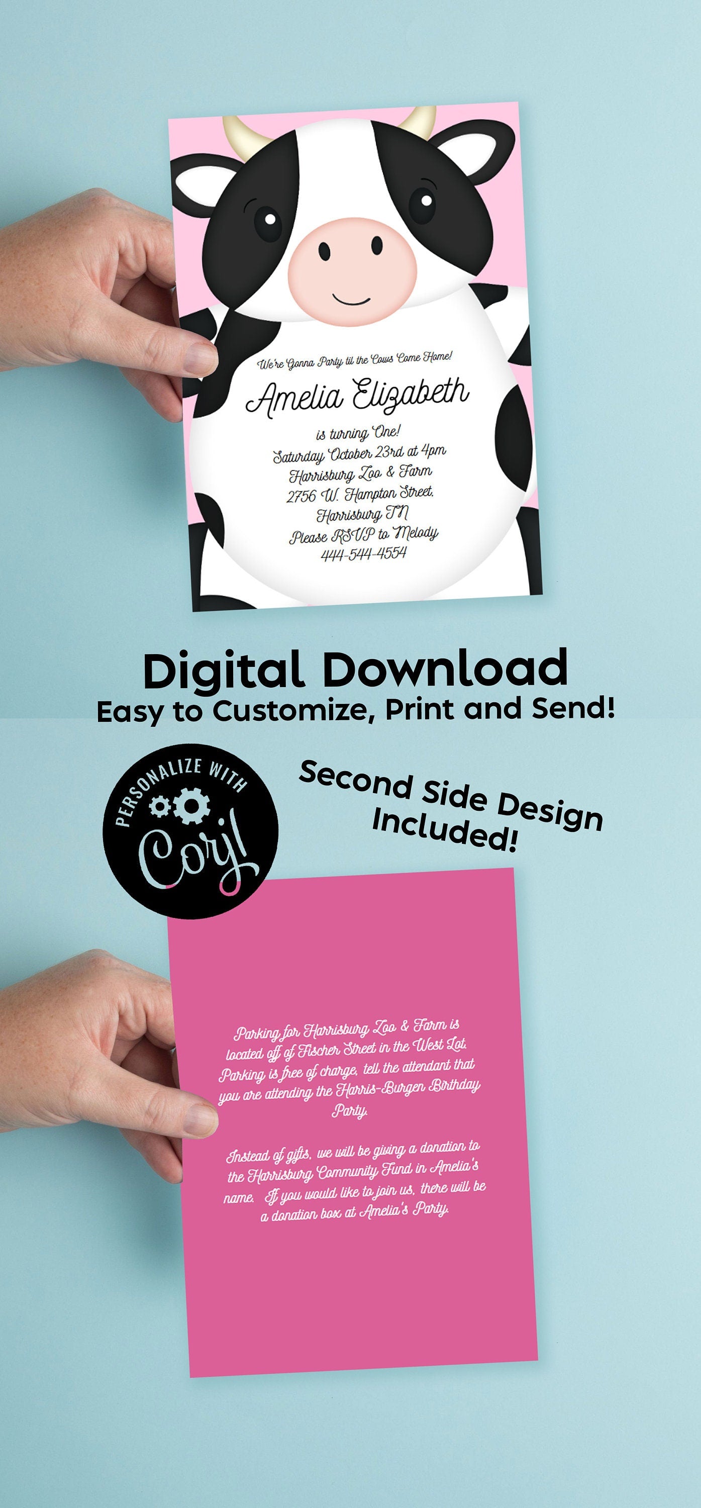 Cow Birthday Party Invitation Editable Digital Download Cute Kids 1st Farm Toddler