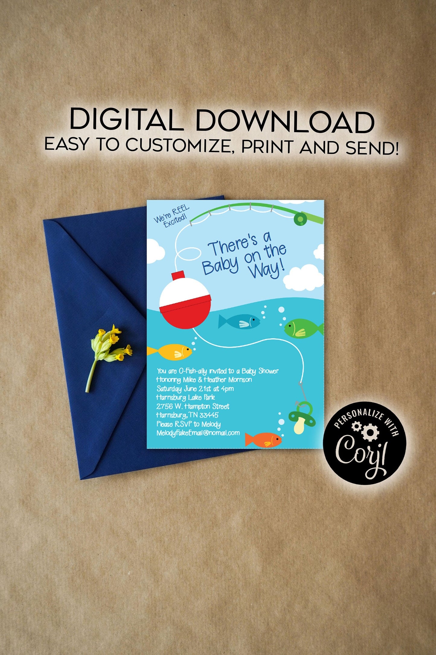 Fishing Baby Shower Invitation Editable Digital Fish Fisherman Download