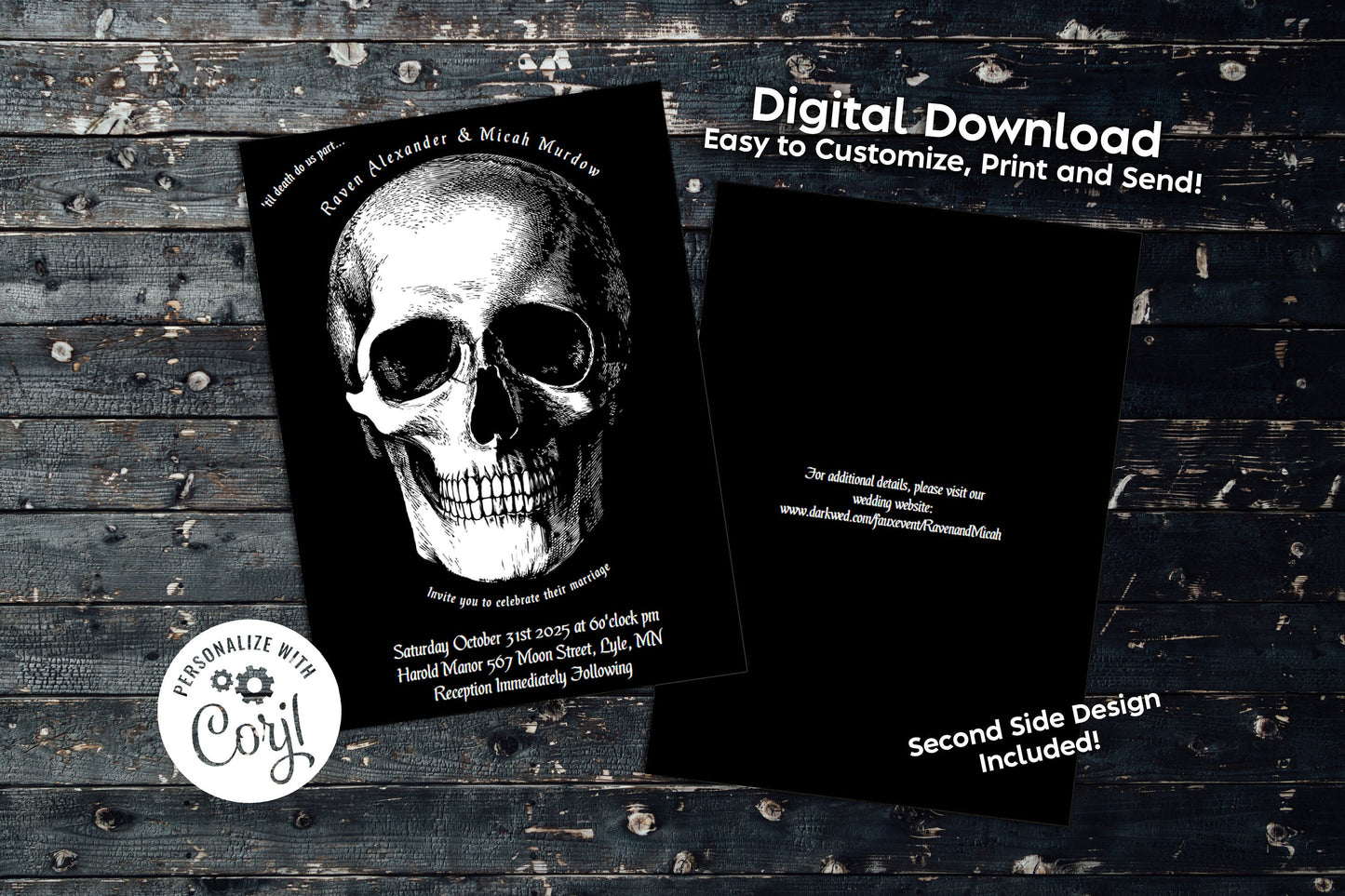 Skull Gothic Halloween Wedding Party Invitation Editable Digital Download Creepy Skeleton
