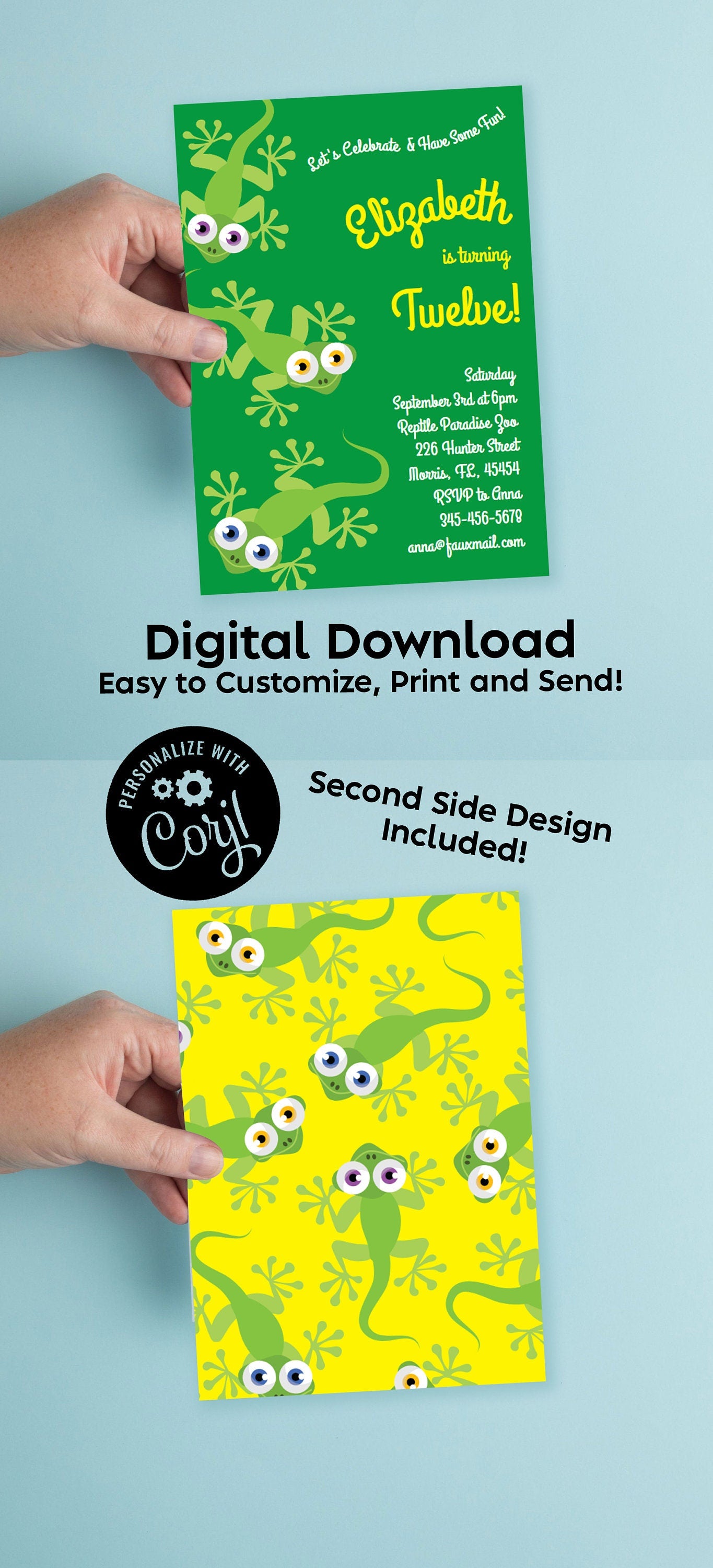 Lizards Geckos Birthday Party Invitation Editable Digital Download Cute Kids Cartoon