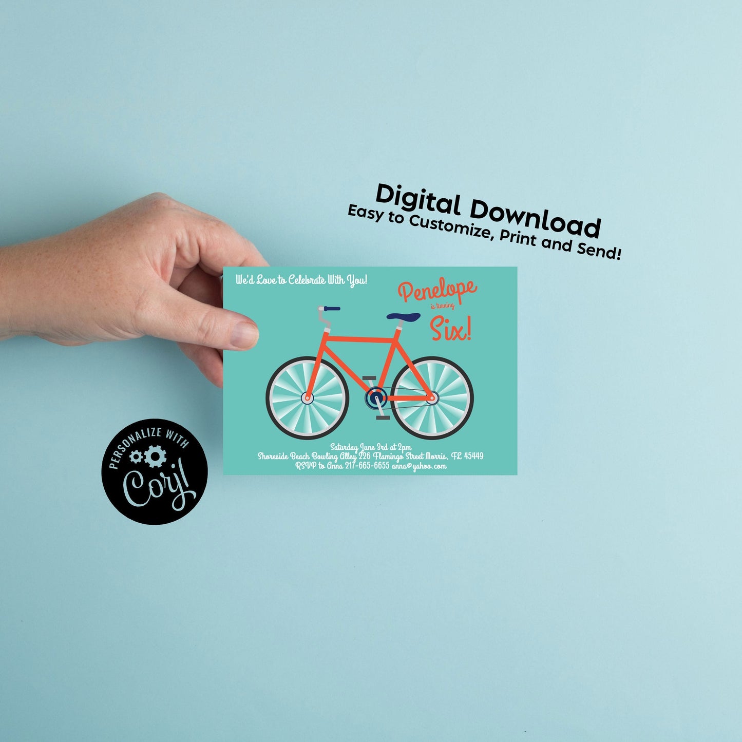 Bicycle Birthday Party Invitation Editable Digital Bike Kids Cute Cycling Download