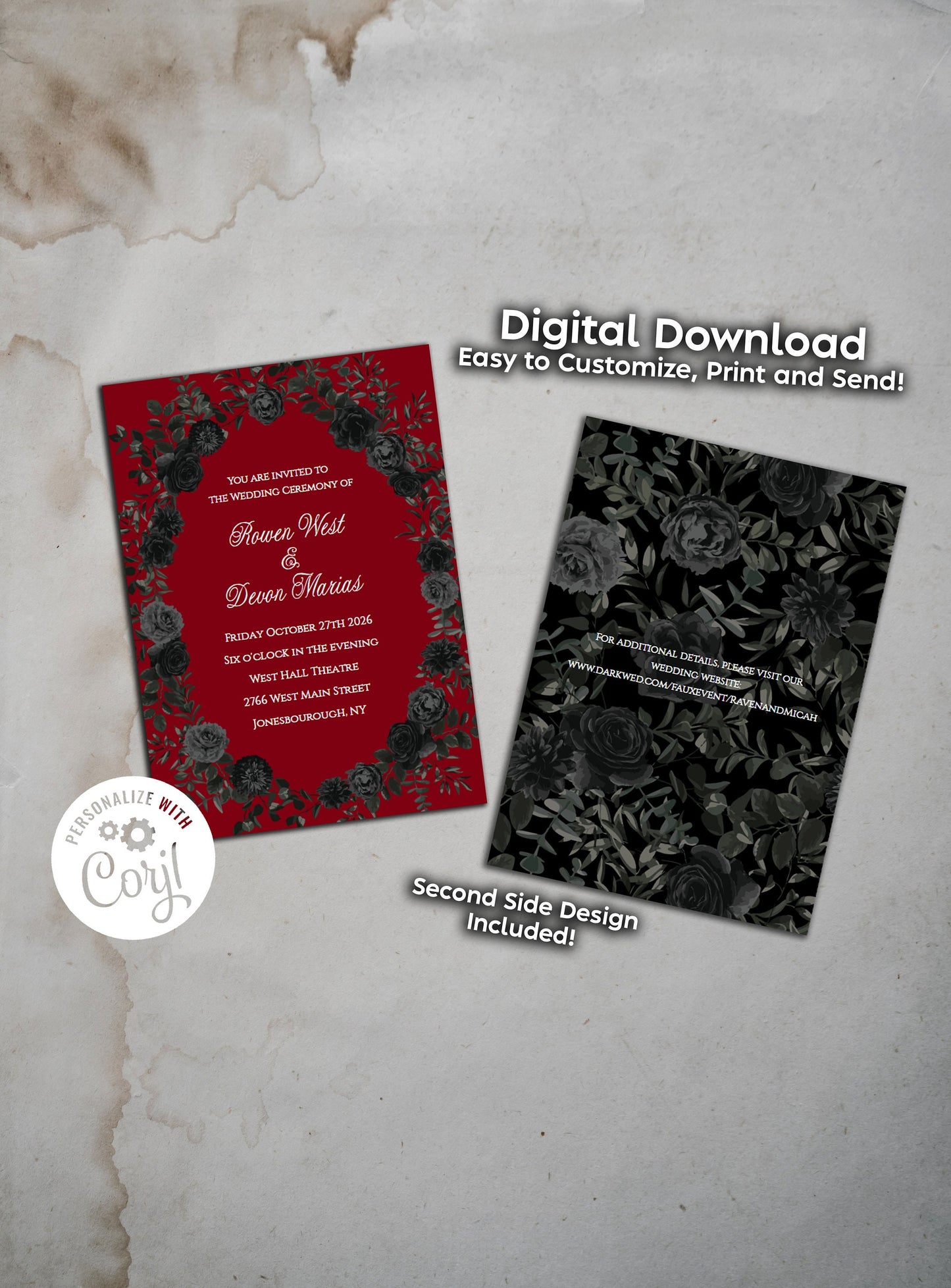 Red Black Elegant Gothic Wedding Invitation Editable Digital Download Roses Party