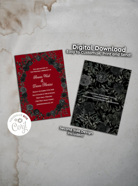 Red Black Elegant Gothic Wedding Invitation Editable Digital Download Roses Party