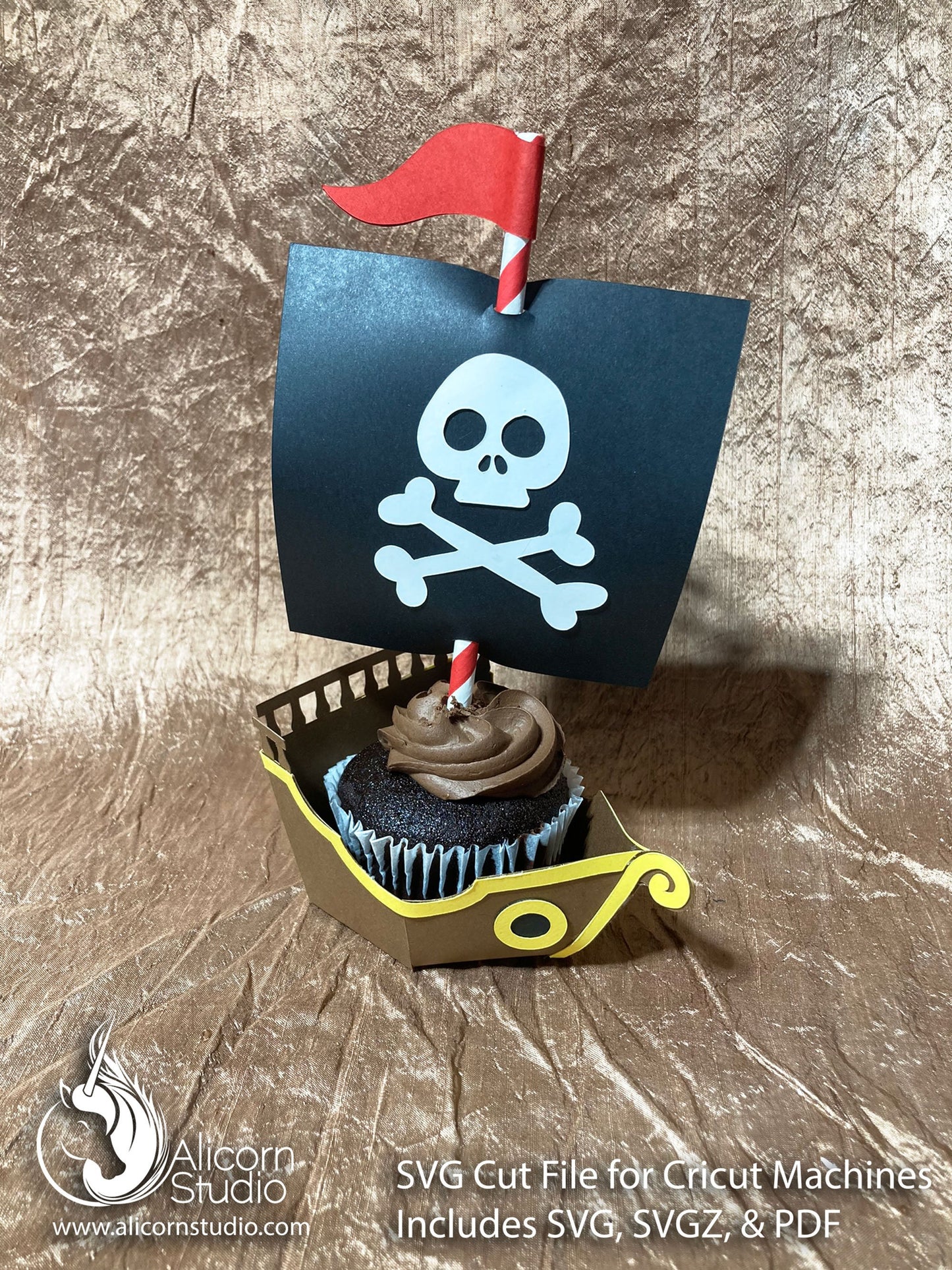 Pirate Ship SVG Cricut Cut File 3D Paper Cupcake Wrap Liner Wrapper Birthday Party Decor