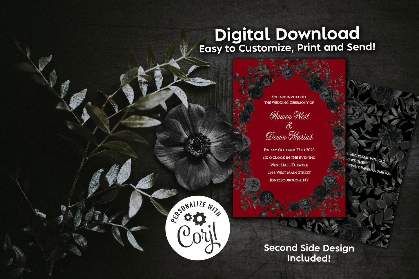 Red Black Elegant Gothic Wedding Invitation Editable Digital Download Roses Party