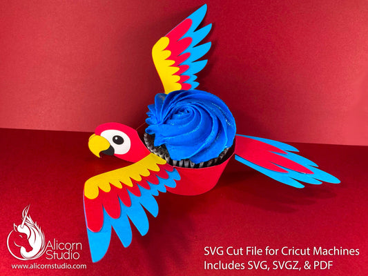 Parrot Bird Cricut Cupcake 3D SVG Cut File for Paper Rainbow Macaw Liner Wrapper Party Decor