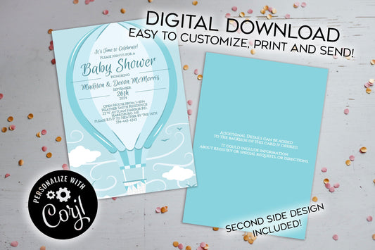 Blue Hot Air Balloon Baby Shower Invitation Editable Digital Elegant Boy Download