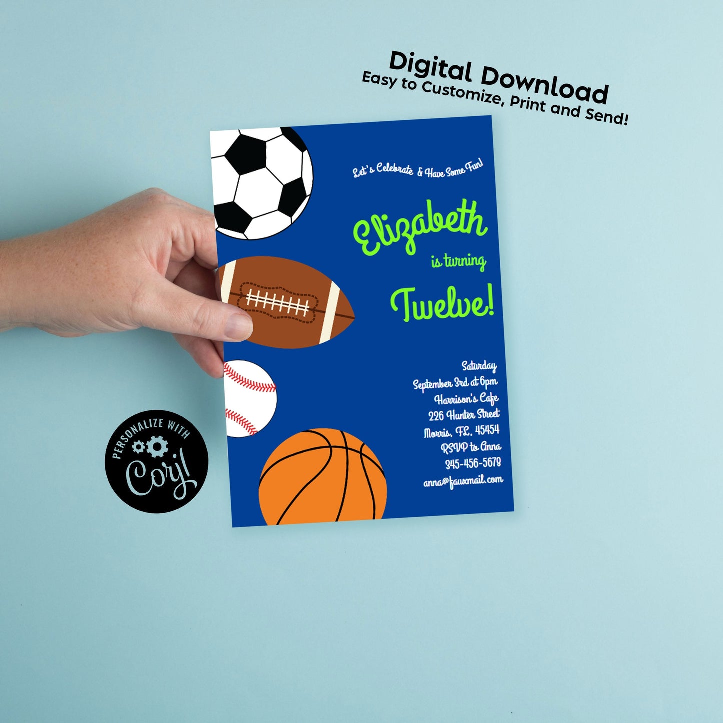 Sports Invitation Editable Digital Download Birthday Party Kids Football Baseball Basketball Soccer