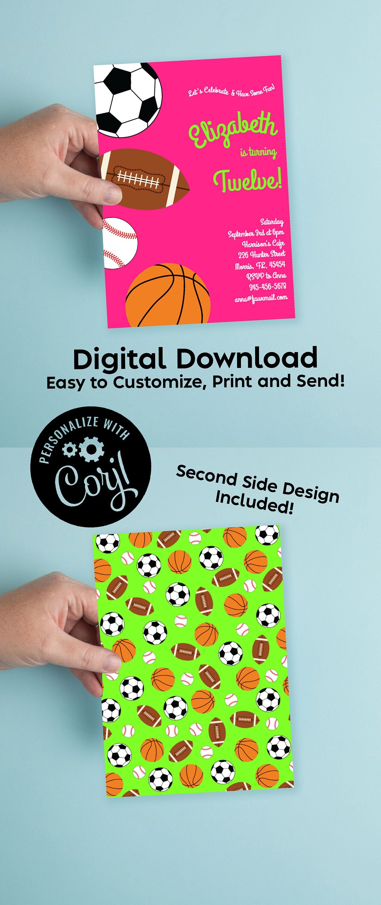 Pink Sports Invitation Editable Digital Download Birthday Party Kids Football Baseball Basketball Soccer