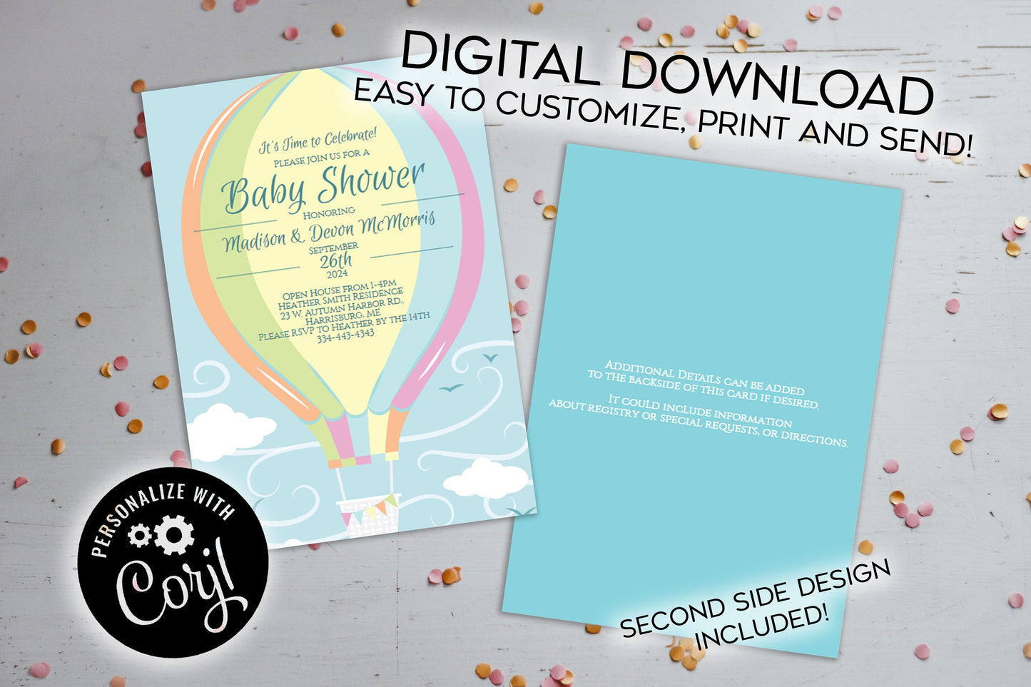 Pastel Rainbow Hot Air Balloon Baby Shower Invitation Editable Digital Elegant Download