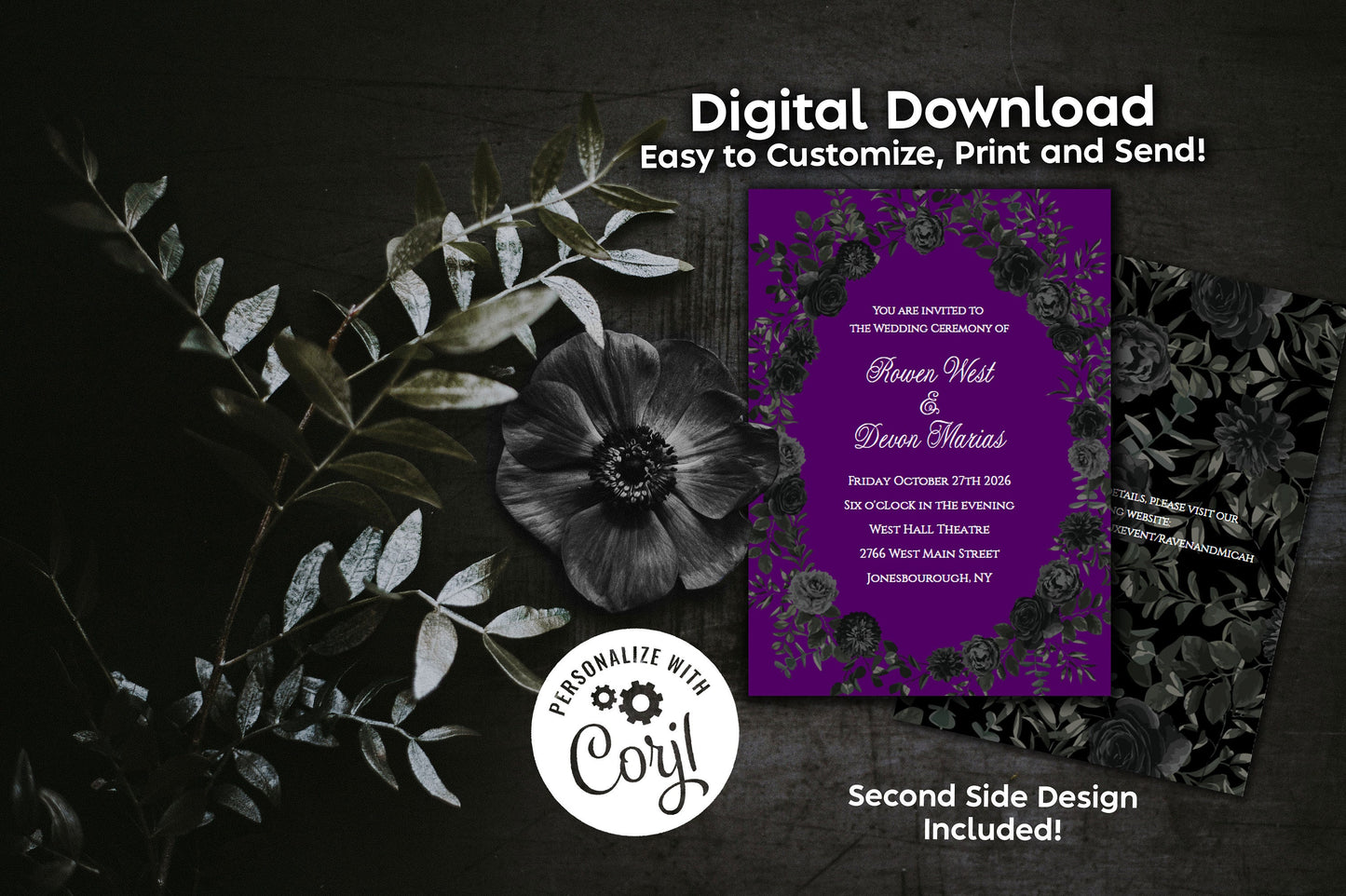 Purple Black Elegant Gothic Wedding Invitation Editable Digital Download Roses Party
