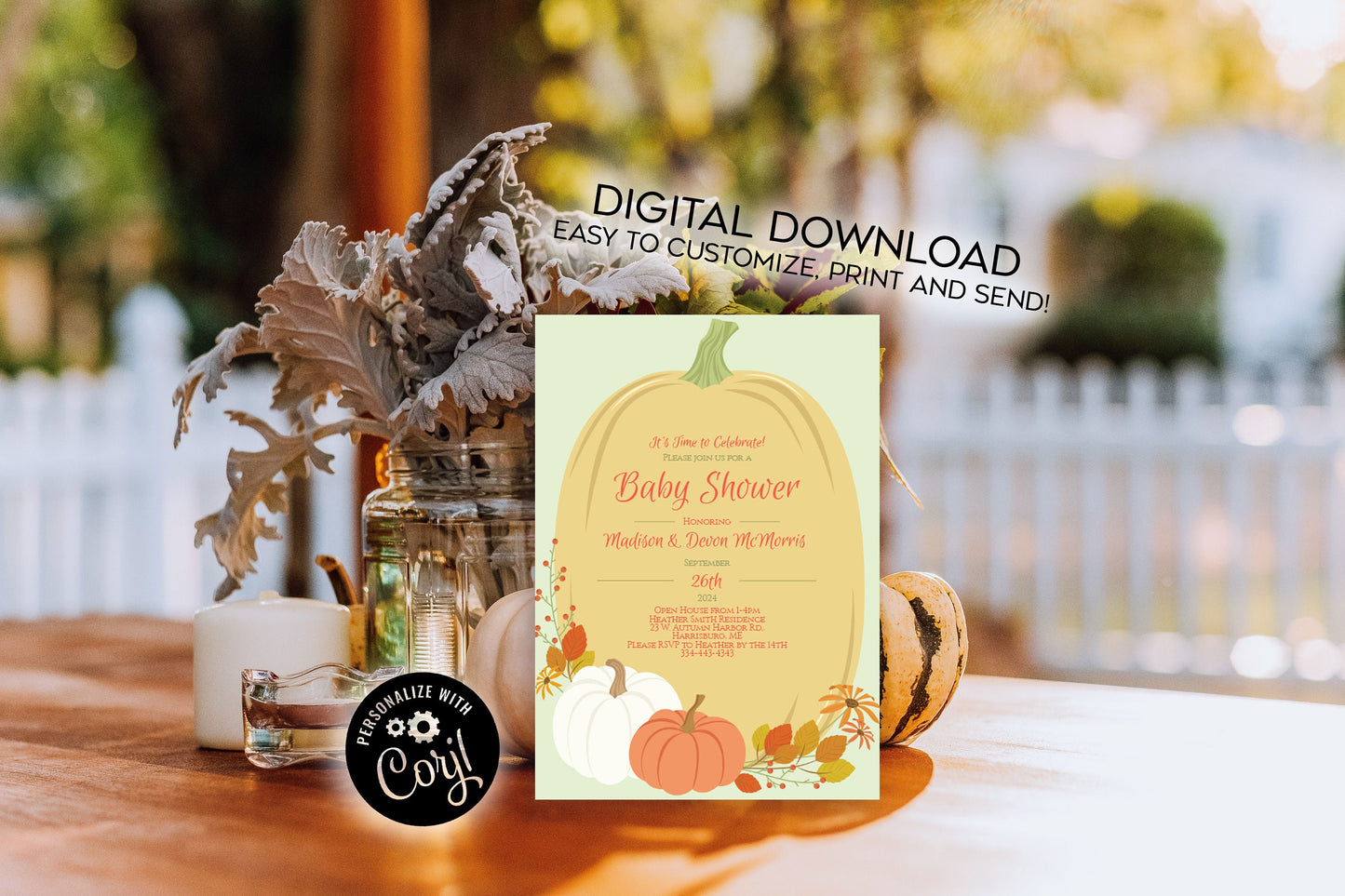 Fall Pumpkin Baby Shower Invitation Editable Digital Elegant Gender Neutral Download