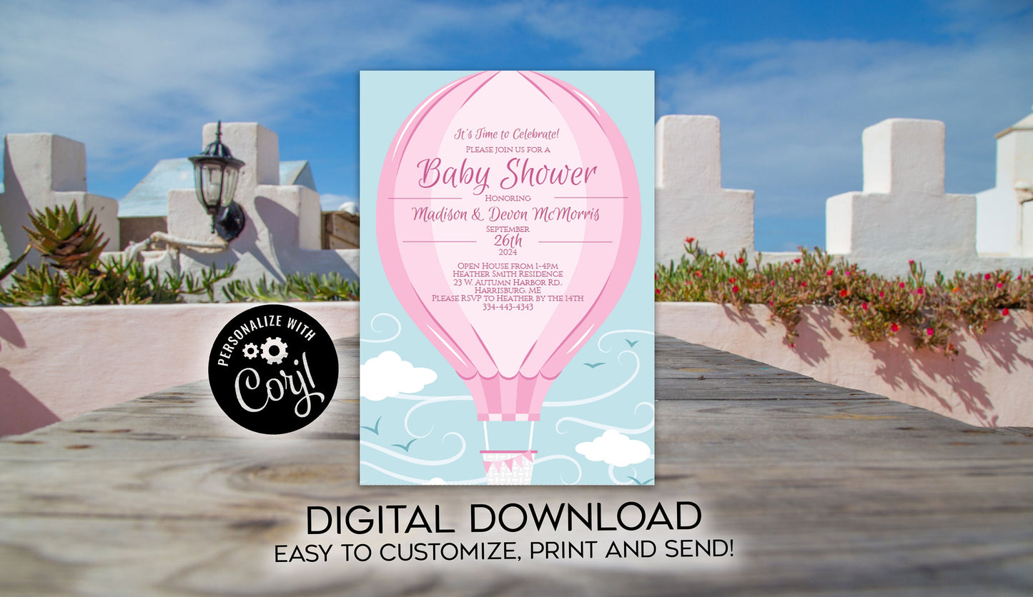 Pink Hot Air Balloon Baby Shower Invitation Editable Digital Elegant Girl Download