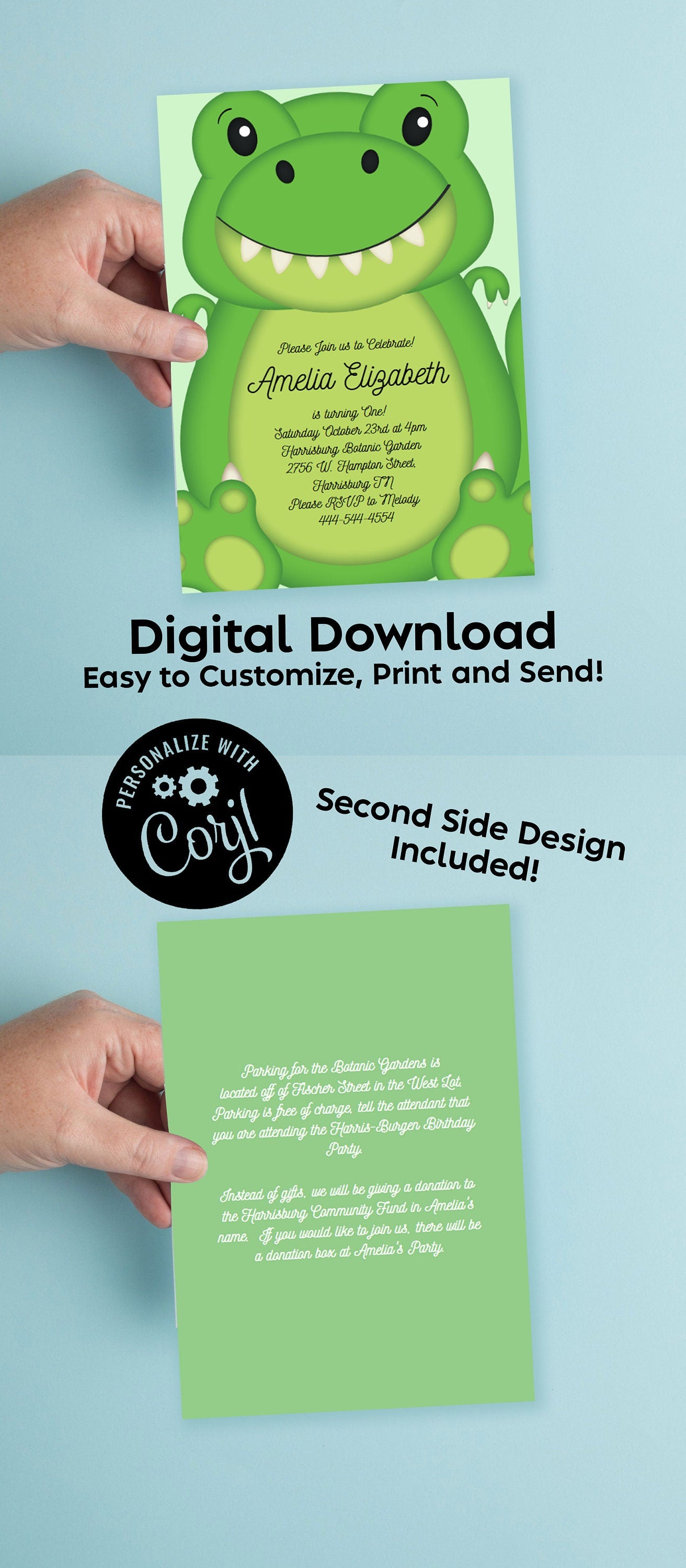 T-Rex Dinosaur Birthday Party Invitation Editable Digital Download Cute Kids Cartoon