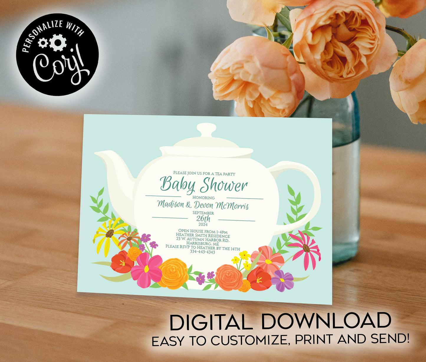 Tea Party Baby Shower Invitation Editable Digital Teapot Teal Spring Flowers Download