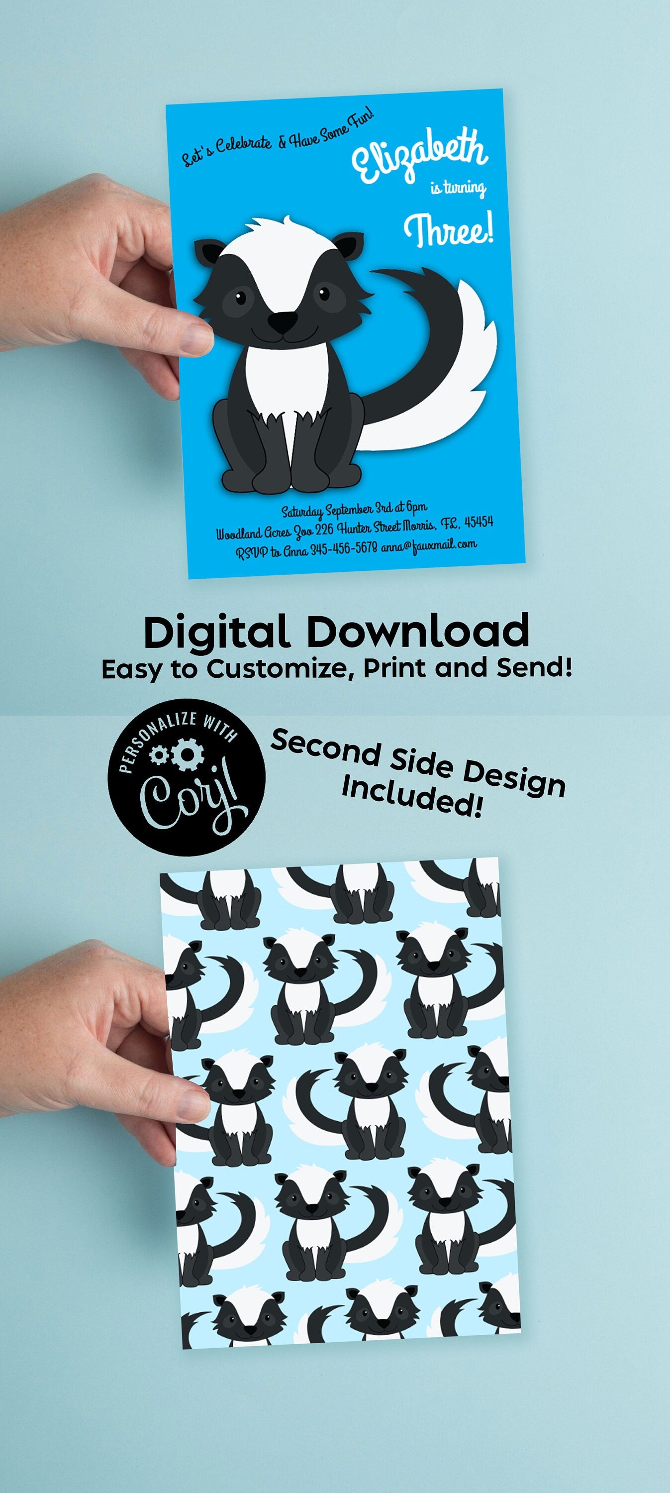Skunk Birthday Party Invitation Editable Digital Download Cute Kids Cartoon