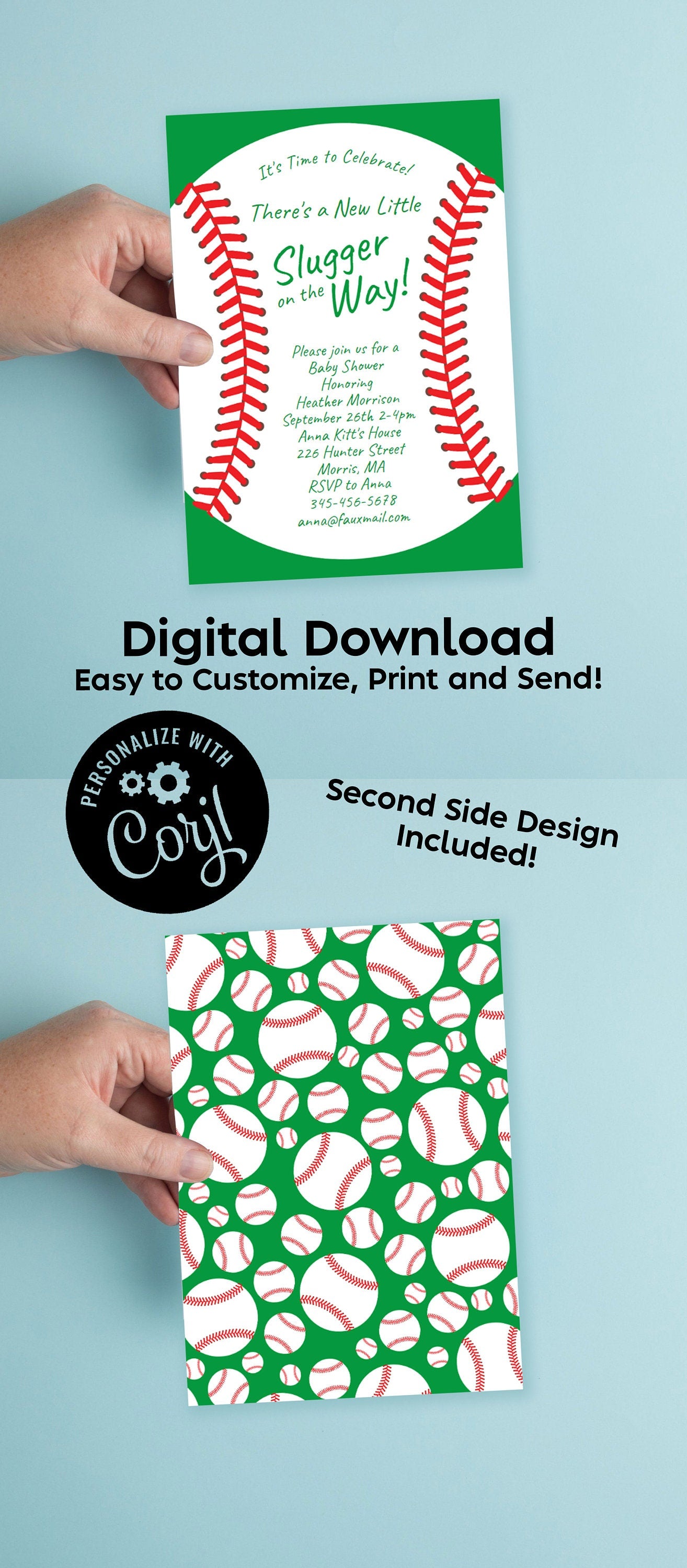 Little Slugger Baseball Invitation Editable Digital Download Baby Shower Party Kids