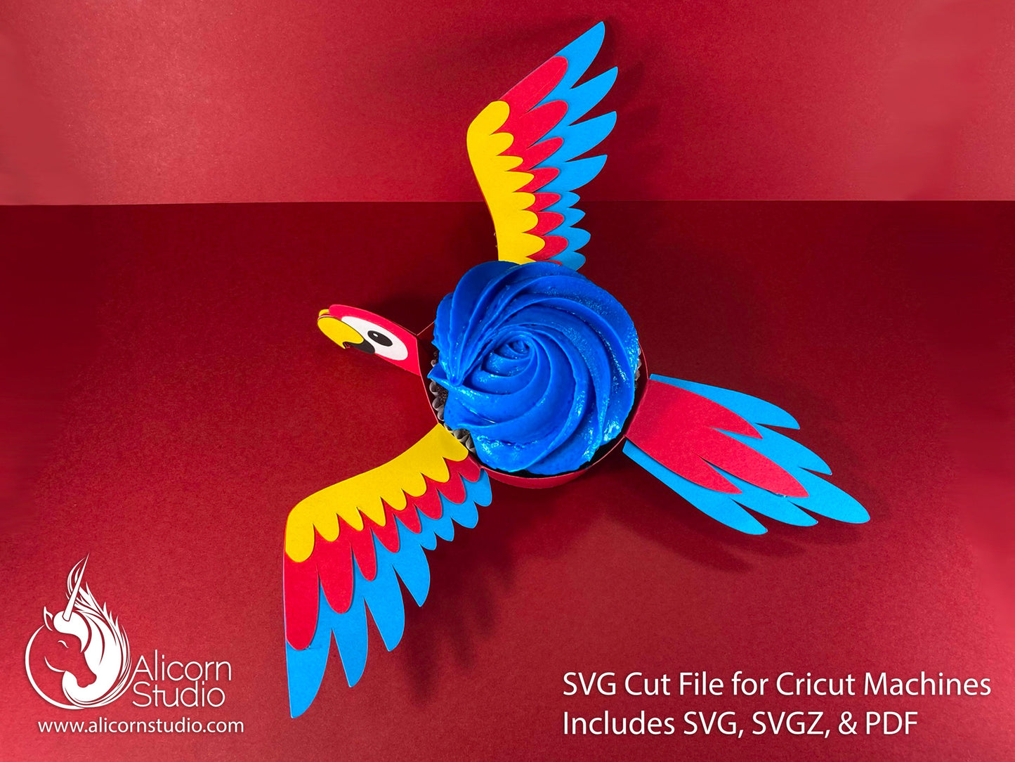 Parrot Bird Cricut Cupcake 3D SVG Cut File for Paper Rainbow Macaw Liner Wrapper Party Decor
