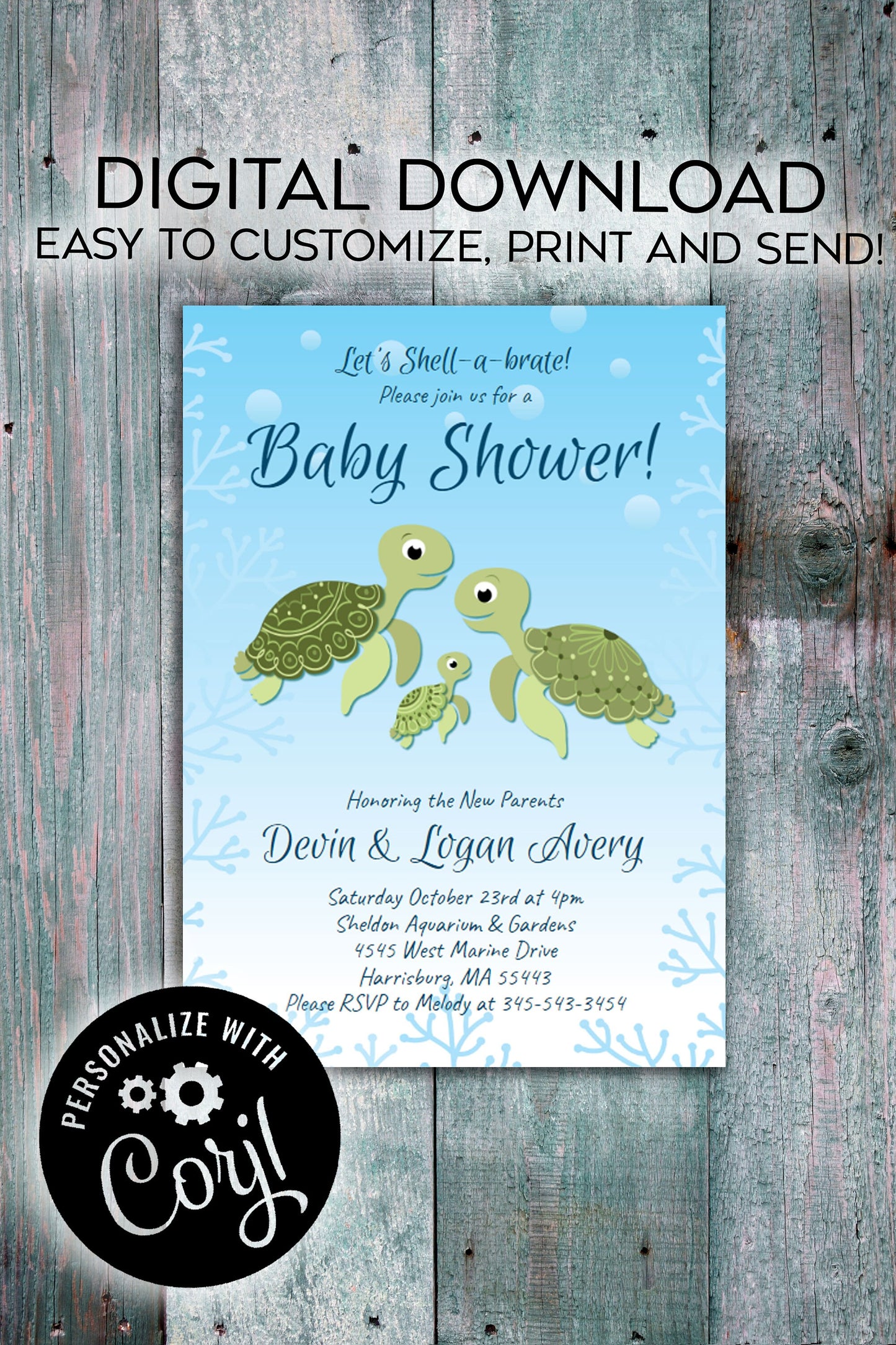 Sea Turtle Baby Shower Invitation Editable Digital Ocean Animals Download