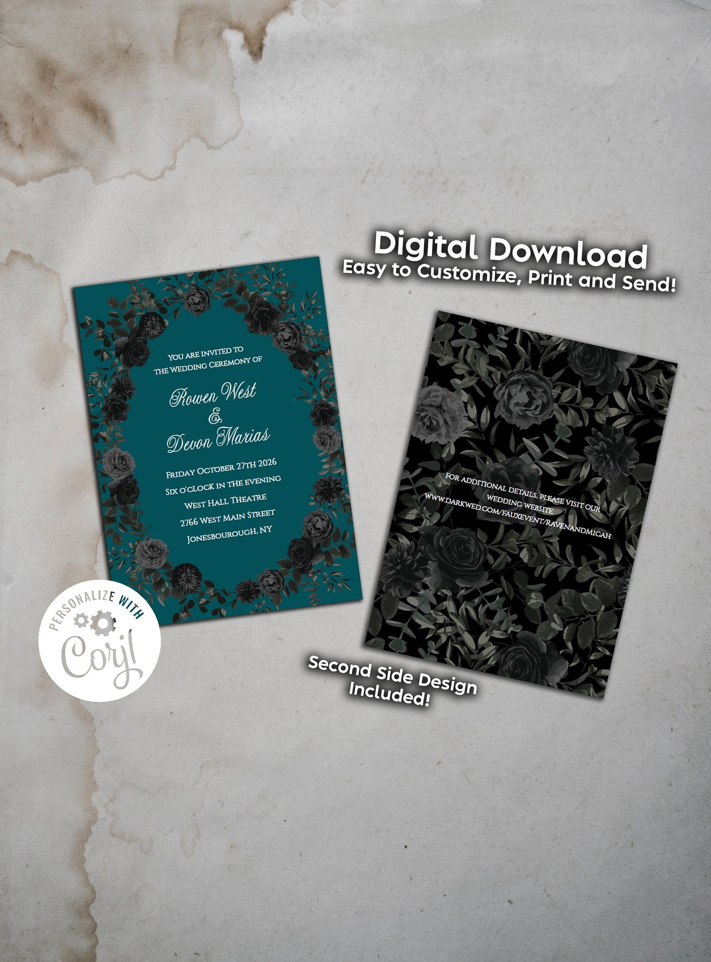 Teal Black Elegant Gothic Wedding Invitation Editable Digital Download Roses Party