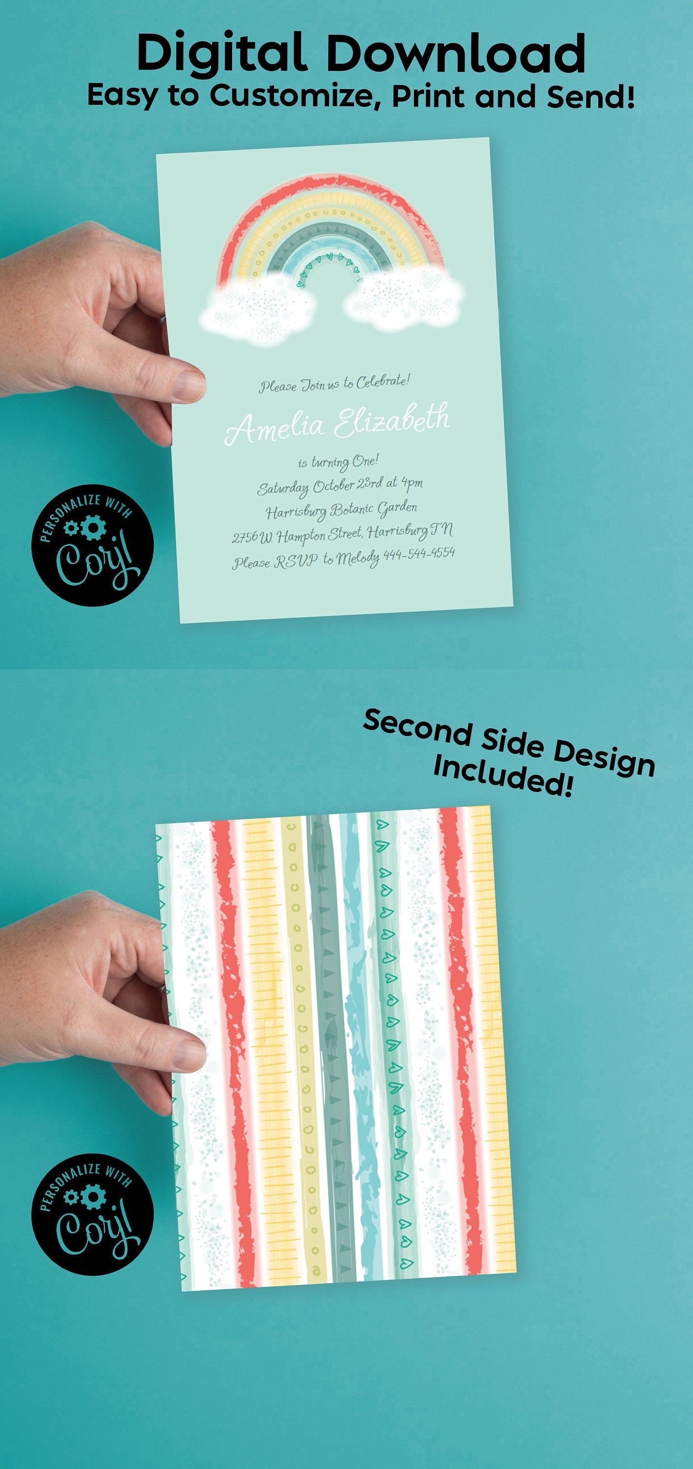 Boho Rainbow Birthday Party Invitation Editable Digital Cute Pastel Kids Download
