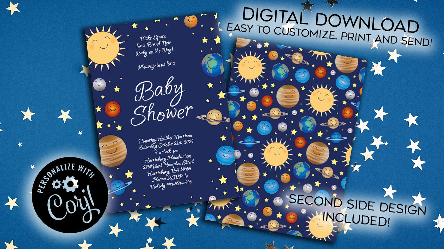 Outer Space Baby Shower Invitation Editable Digital Planets Galaxy Universe Stars Download