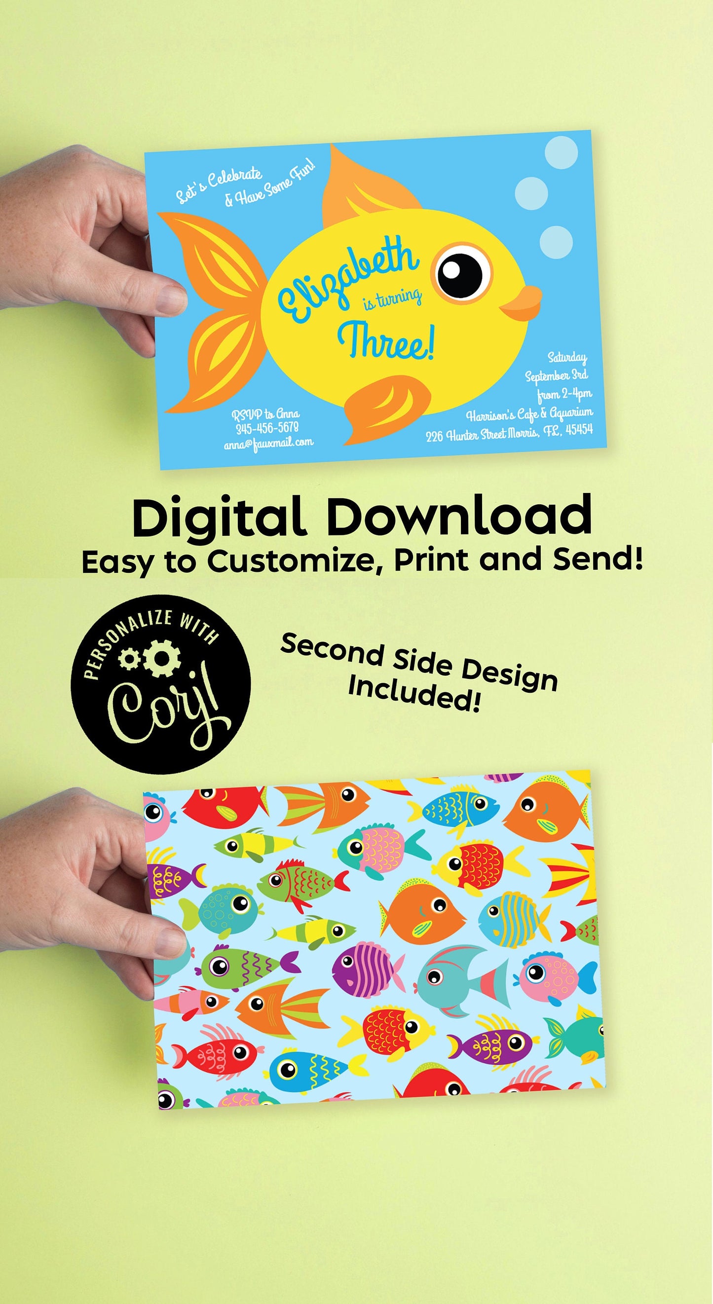 Gold Fish Aquarium Birthday Party Invitation Editable Digital Download Cute Kids Tropical Fish Tank