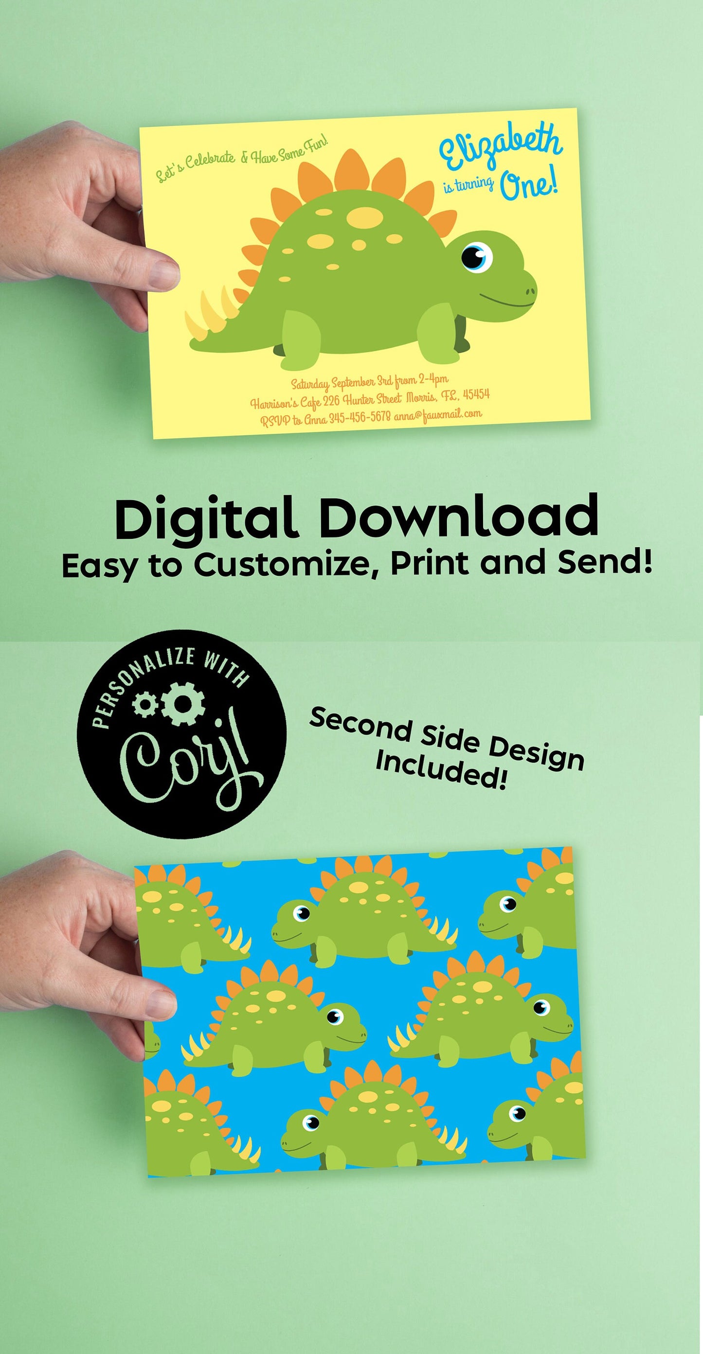 Stegosaurus Dinosaur Birthday Party Invitation Editable Digital Download Cute Kids