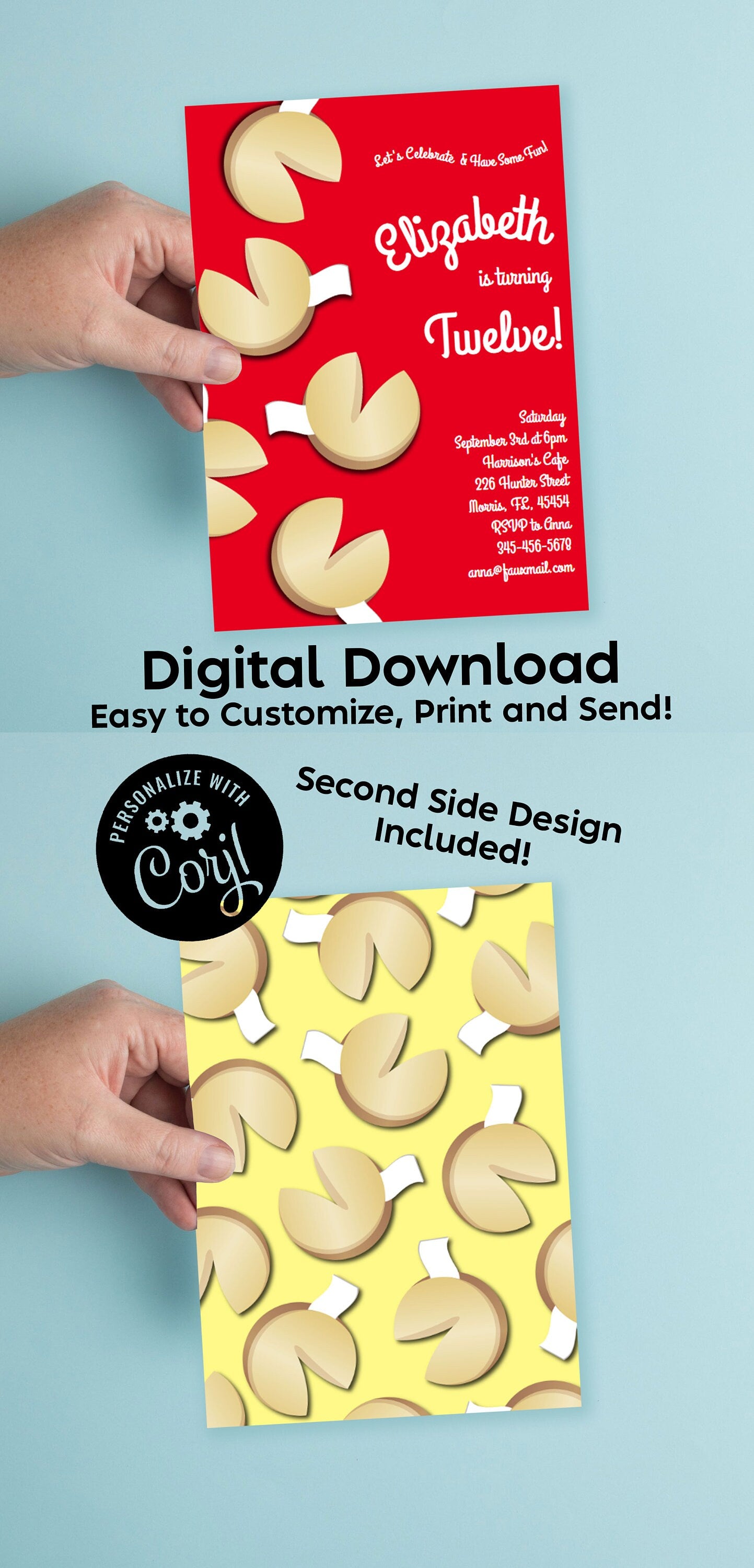 Fortune Cookie Birthday Party Invitation Editable Digital Download Cute Kids
