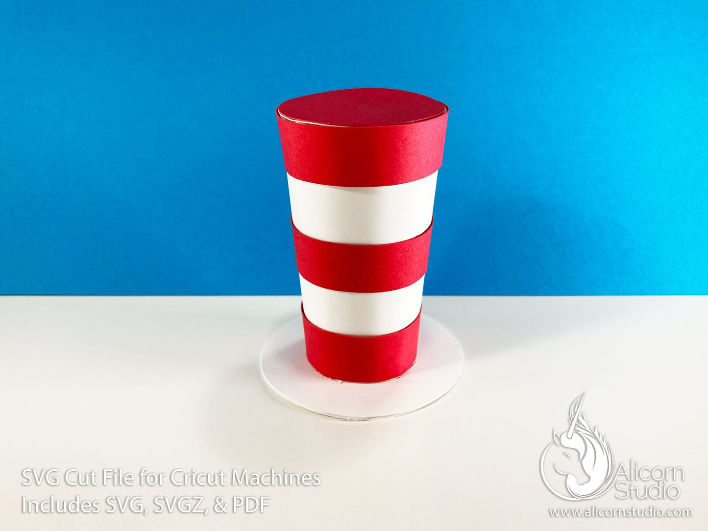 3D Paper Red and White Stripe Top Hat SVG File Cut File for Cricut Cupcake Topper Kid's Storybook Party Decor