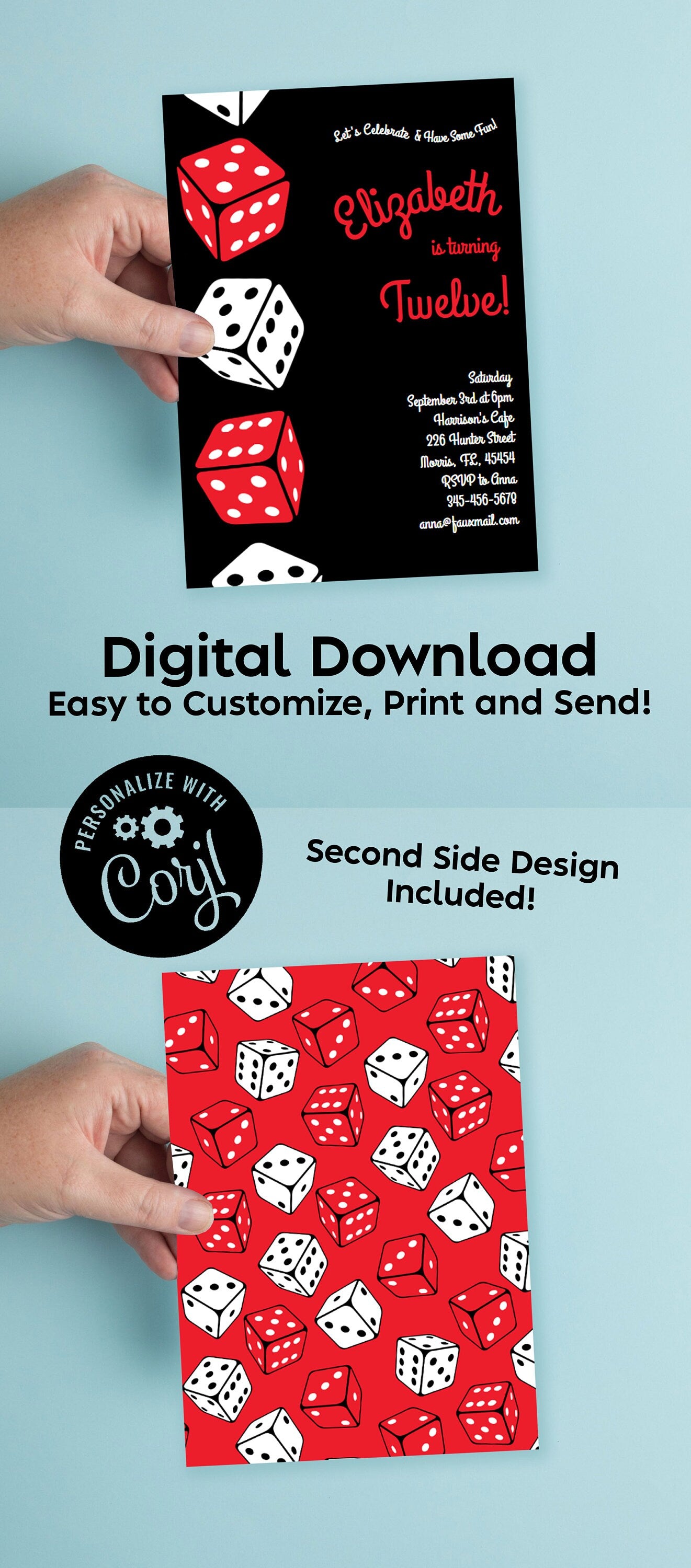 Dice Board Games Birthday Party Invitation Editable Digital Download Casino Gambling