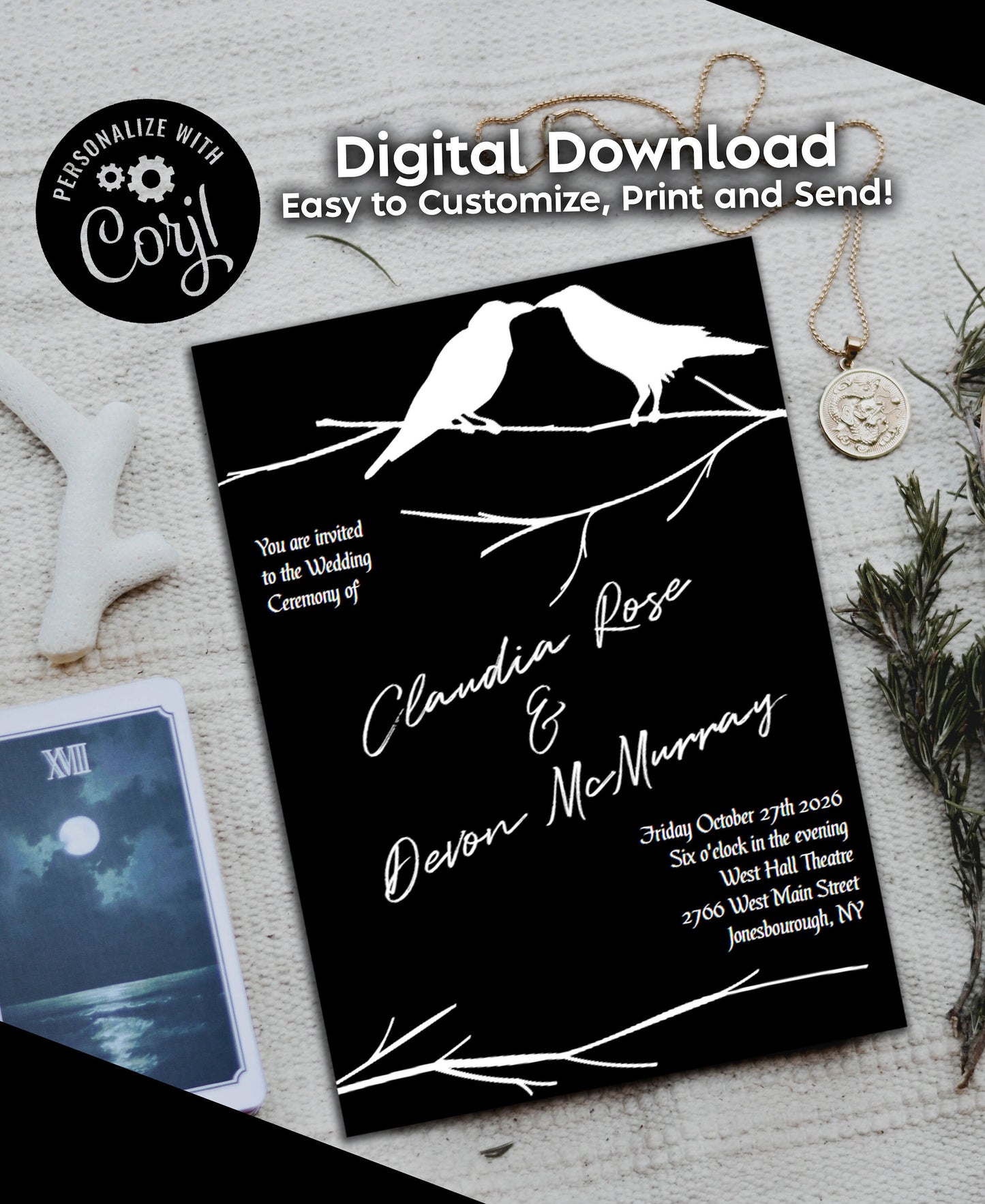 Raven Crows Gothic Wedding Invitation Editable Digital Download Halloween Party