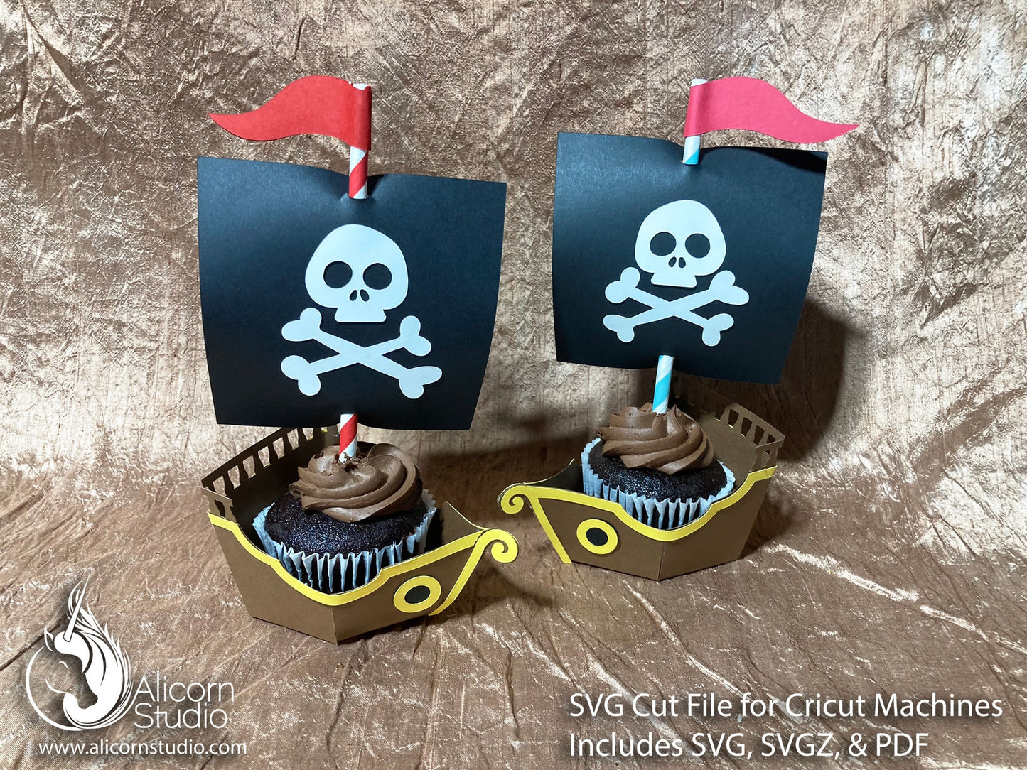 Pirate Ship SVG Cricut Cut File 3D Paper Cupcake Wrap Liner Wrapper Birthday Party Decor