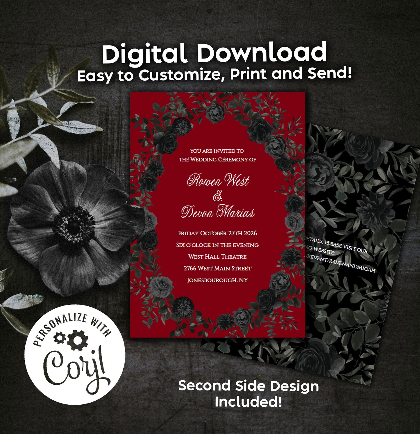Red Black Elegant Gothic Wedding Invitation Editable Digital Download Roses Party