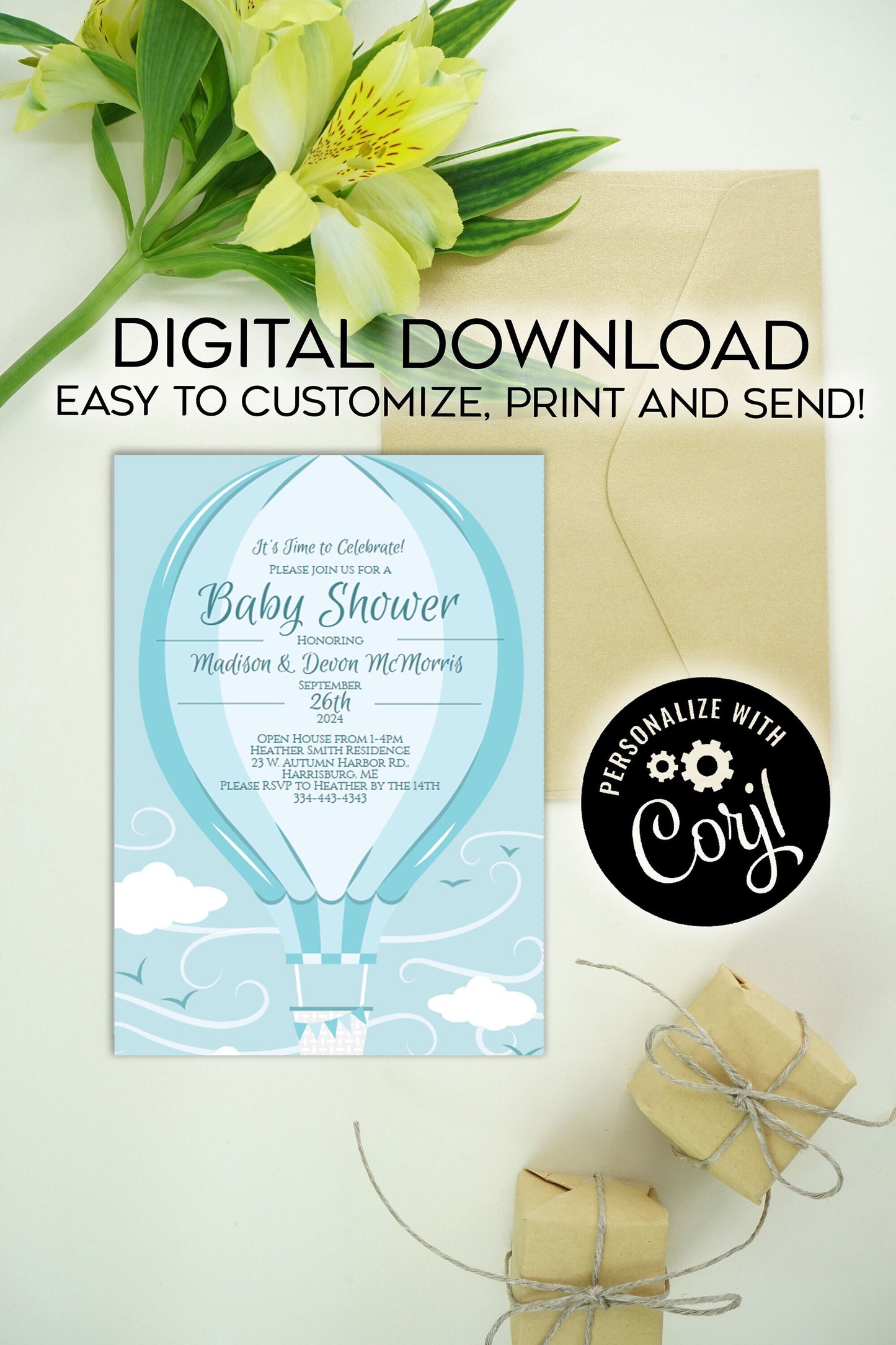 Blue Hot Air Balloon Baby Shower Invitation Editable Digital Elegant Boy Download