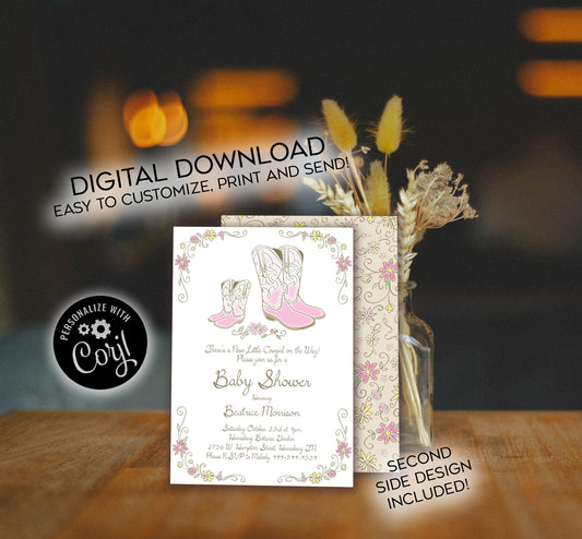 Cowgirl Baby Shower Invitation Editable Digital Country Western Pink Girl Boots Cute Download