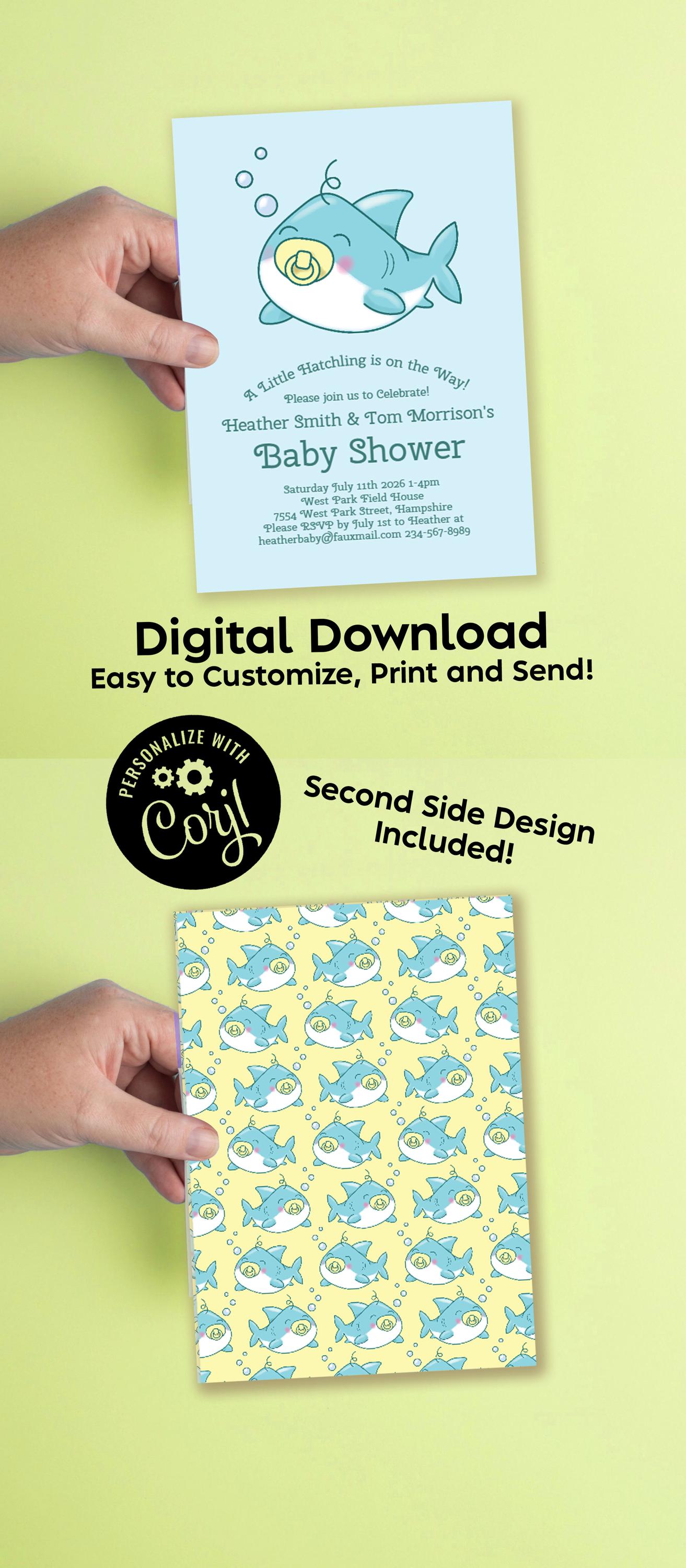 Shark Under the Sea Baby Shower Invitation Editable Digital Download Cute Kids