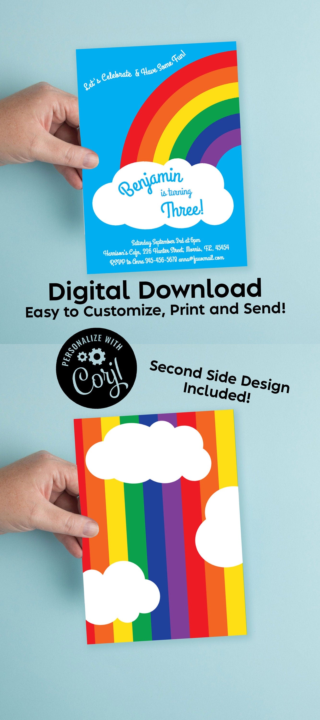 Rainbow Birthday Party Invitation Editable Digital Download Cute Cloud Sky